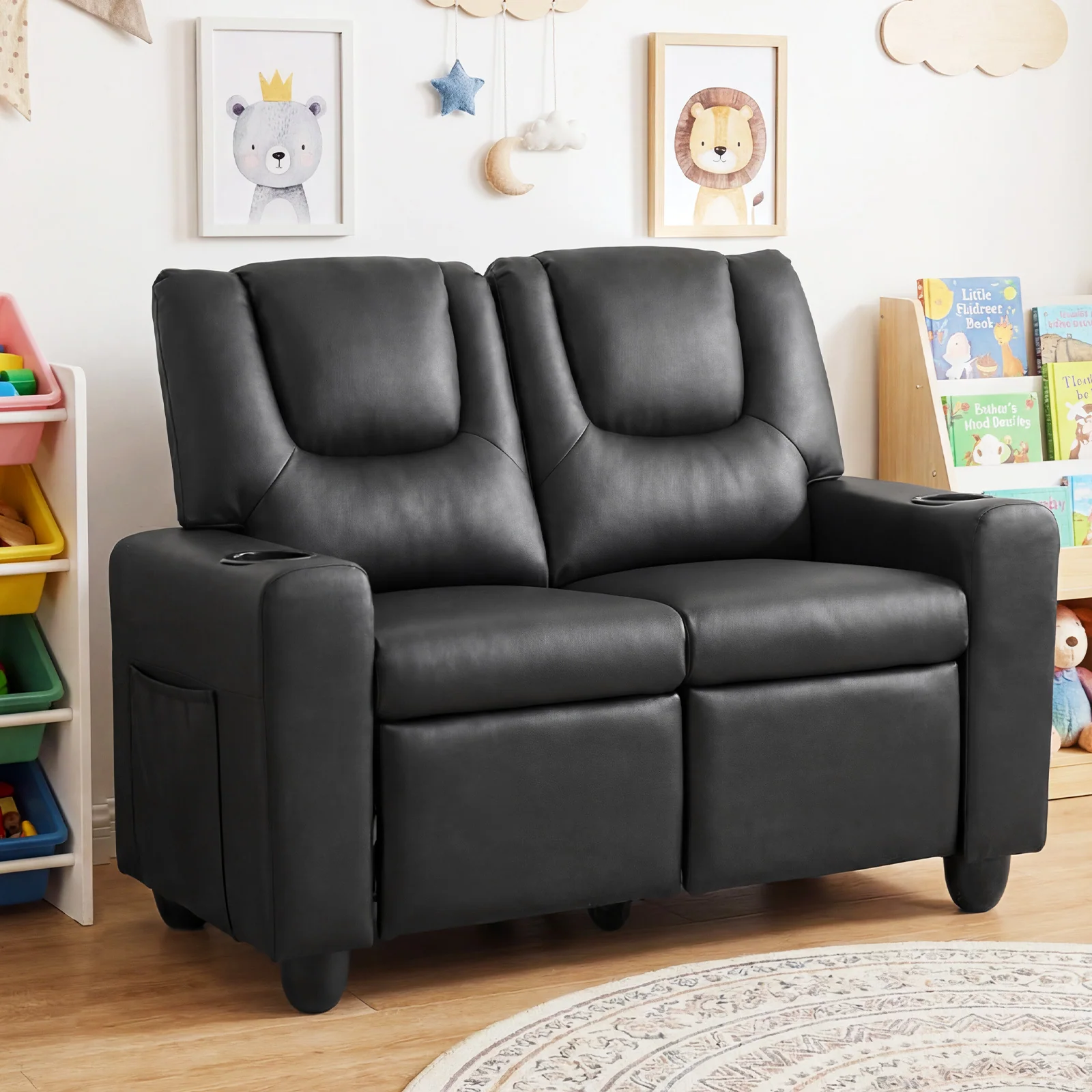 Kids 2‑Seat Recliner Loveseat with Adjustable Backrest and Footrest, PU Leather, Cup Holders and Side Storage Pockets