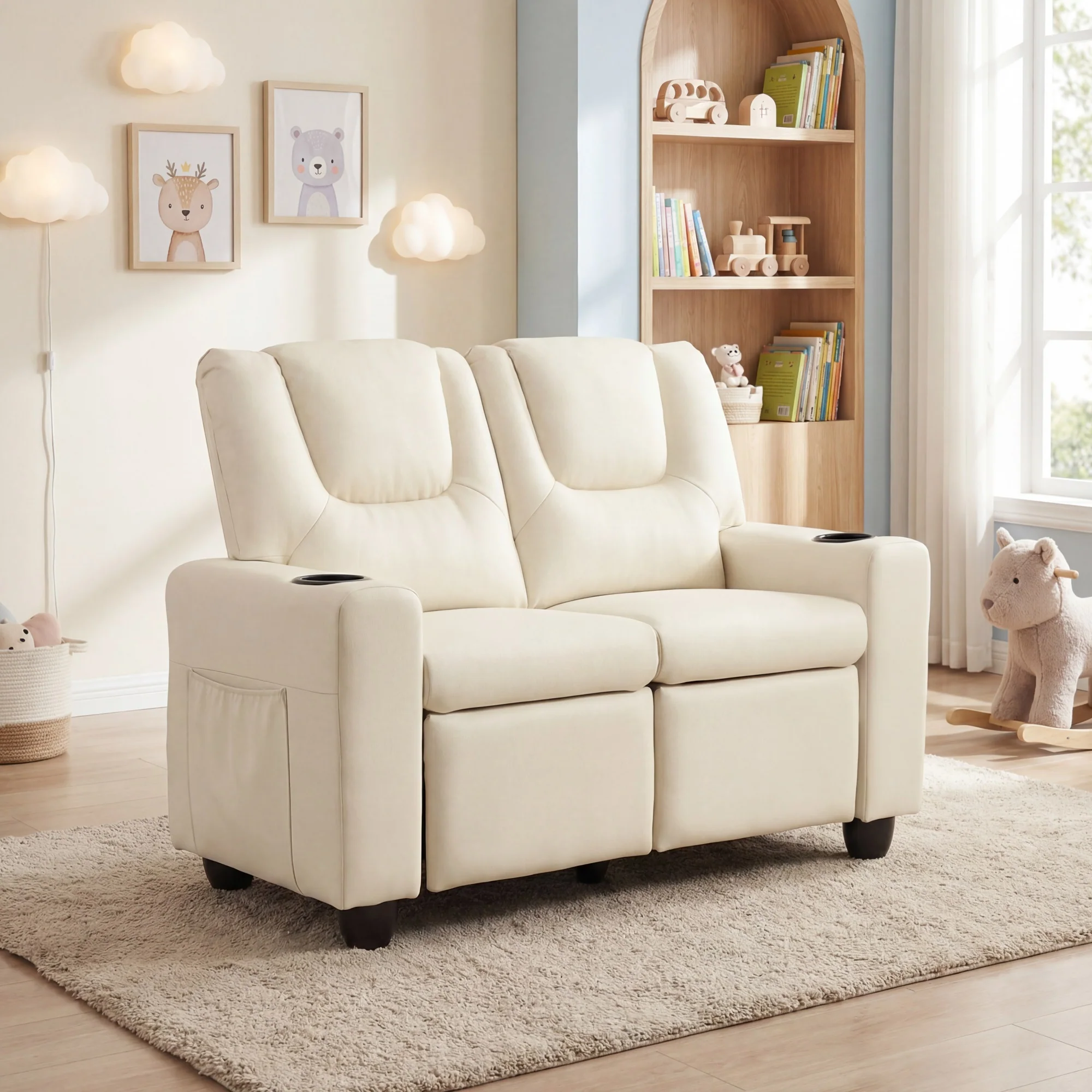 Kids 2‑Seat Recliner Loveseat with Adjustable Backrest and Footrest, PU Leather, Cup Holders and Side Storage Pockets
