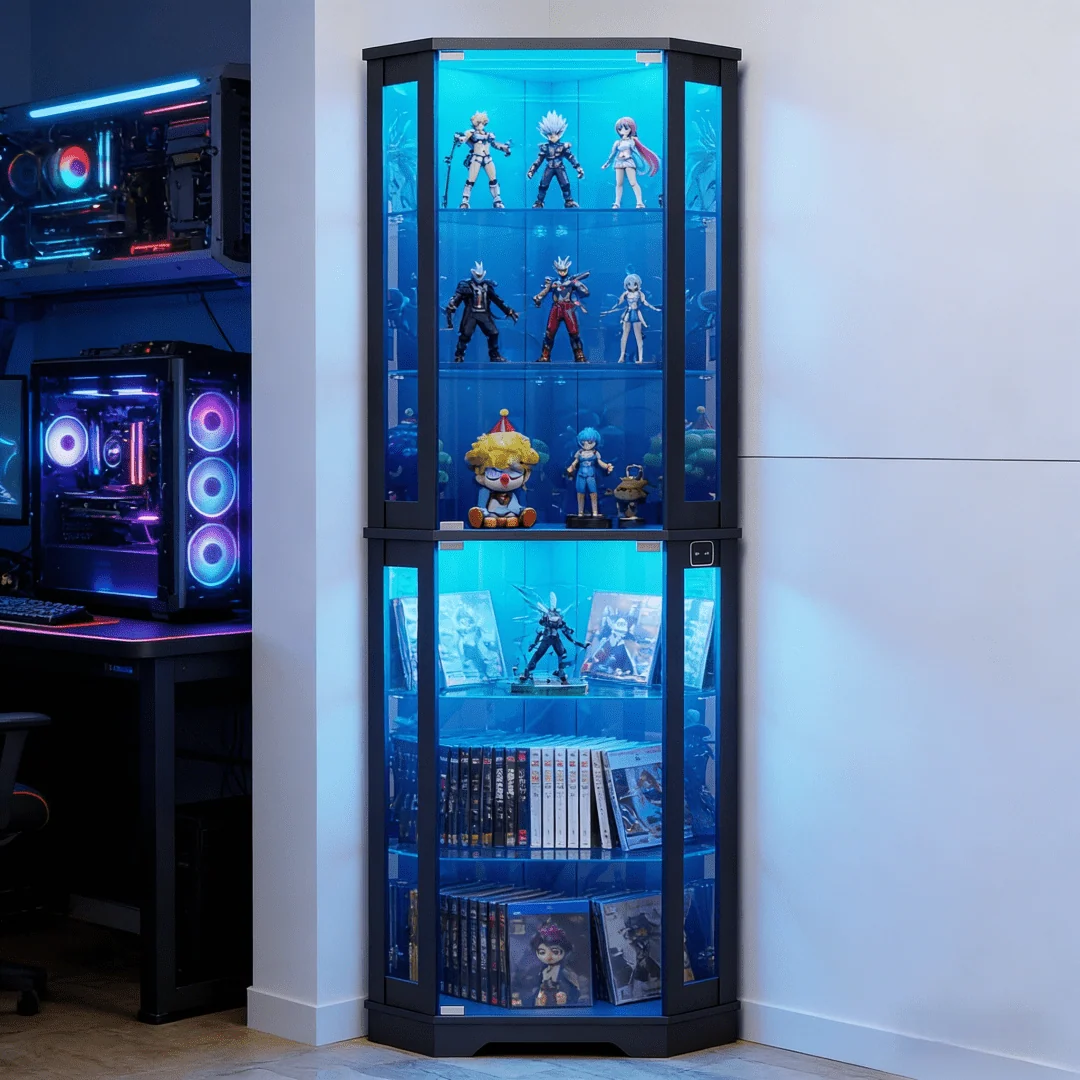 6‑Tier Corner Glass Display Cabinet with Motion‑Activated 3‑Color LED Lighting – Black