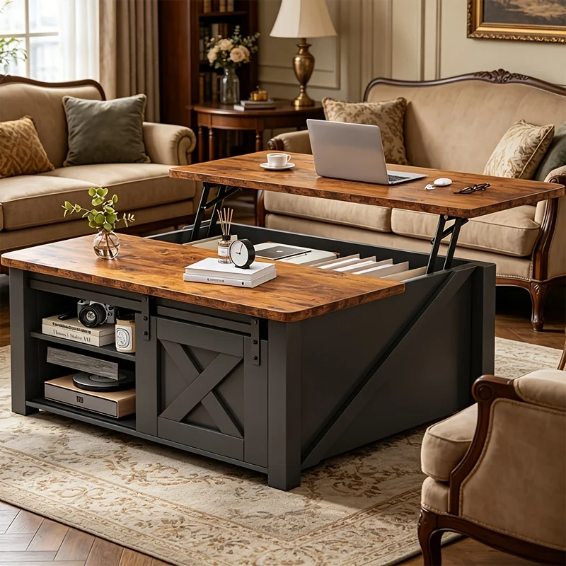 Lift-top wooden coffee table with hidden storage and shelves