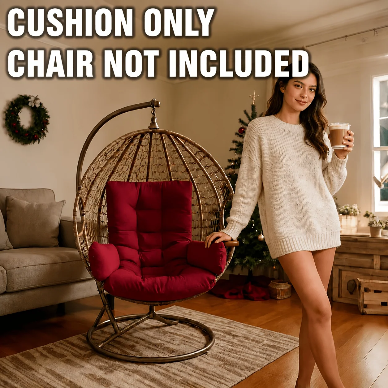 Bohemian style swing chair cushion with armrests and weather-resistant fabric