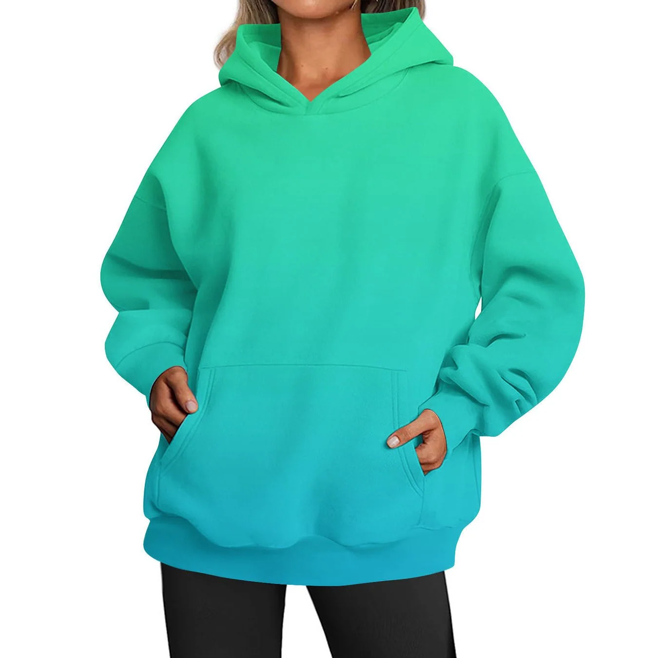Blue-Green Plus Size Casual Hooded Top for Women