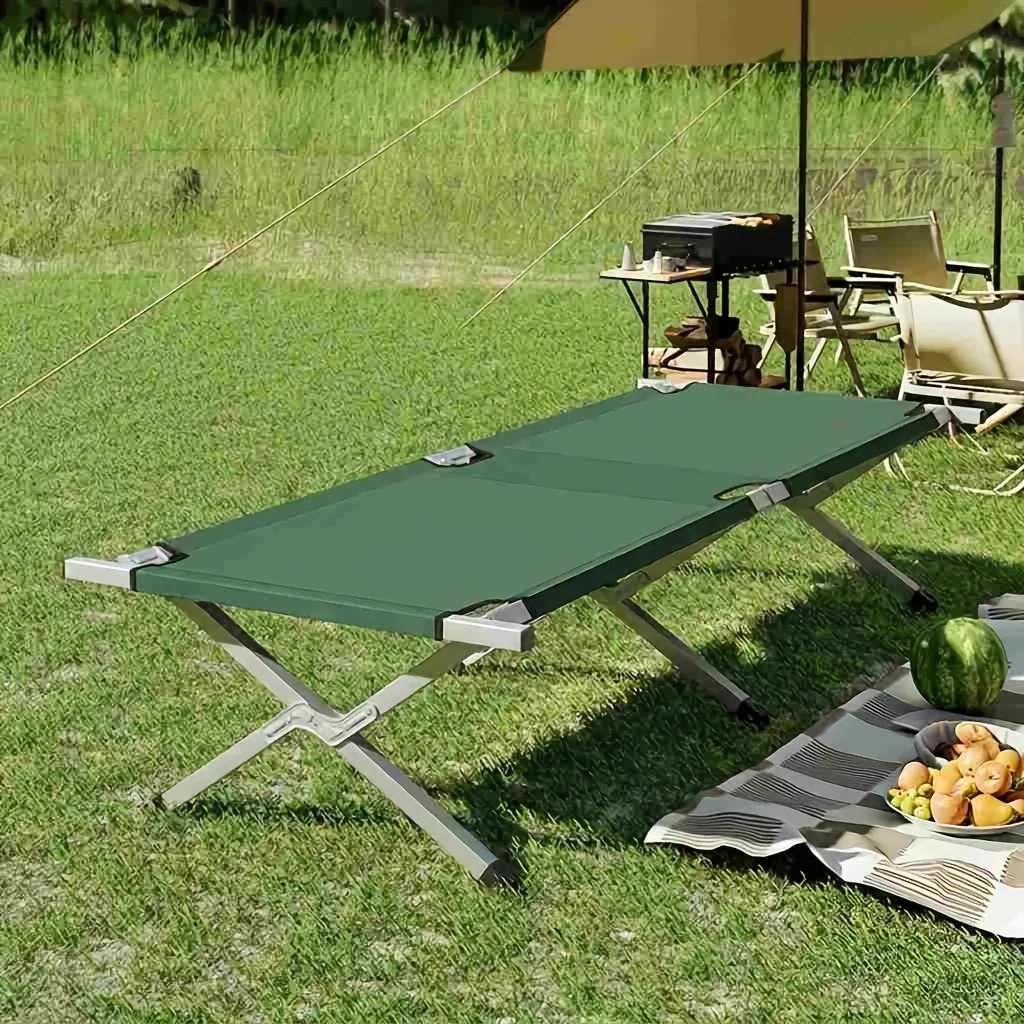 Folding camping cot with lightweight aluminum frame and quick-setup design