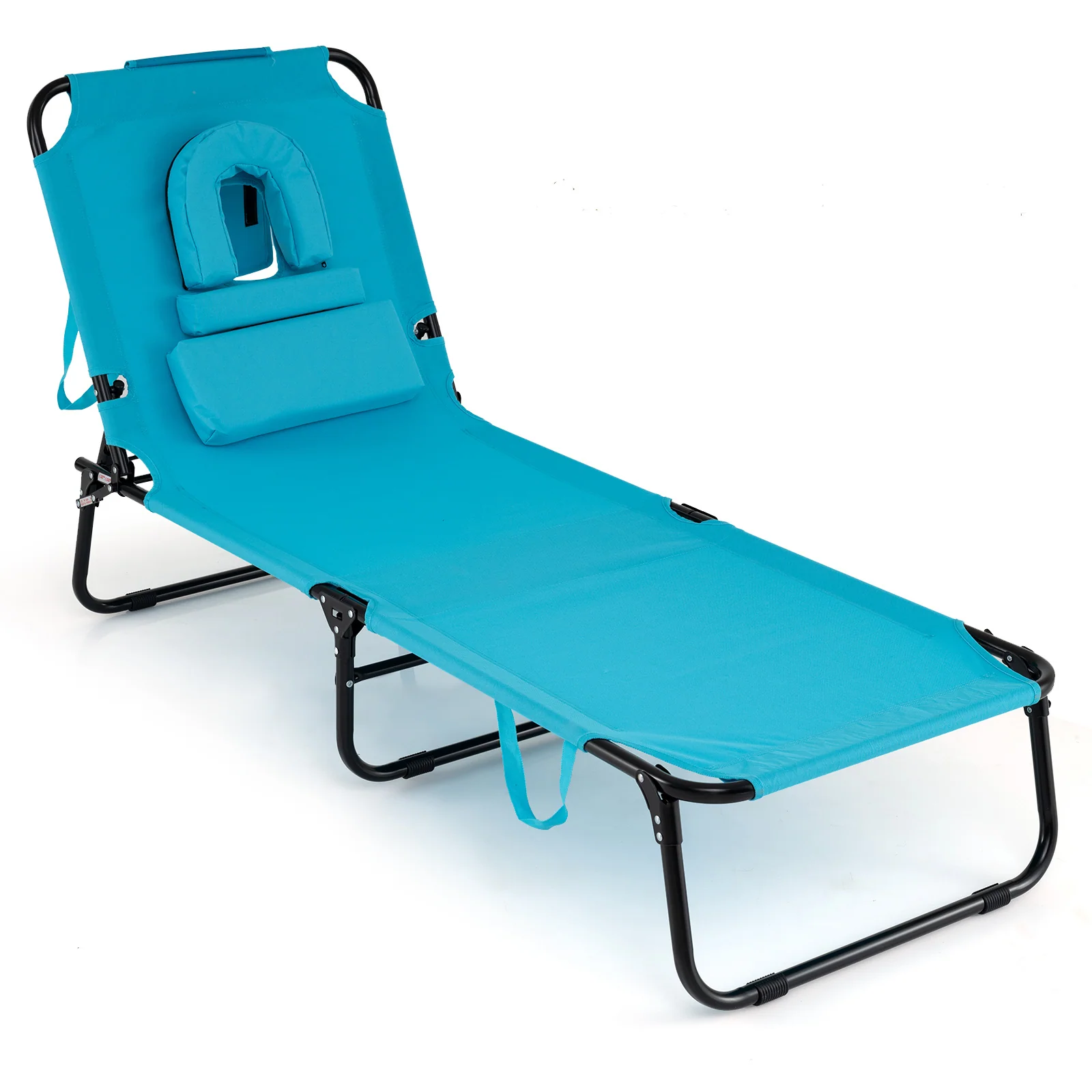 Heavy-duty folding tanning chair with 4-position adjustable backrest and removable pillows