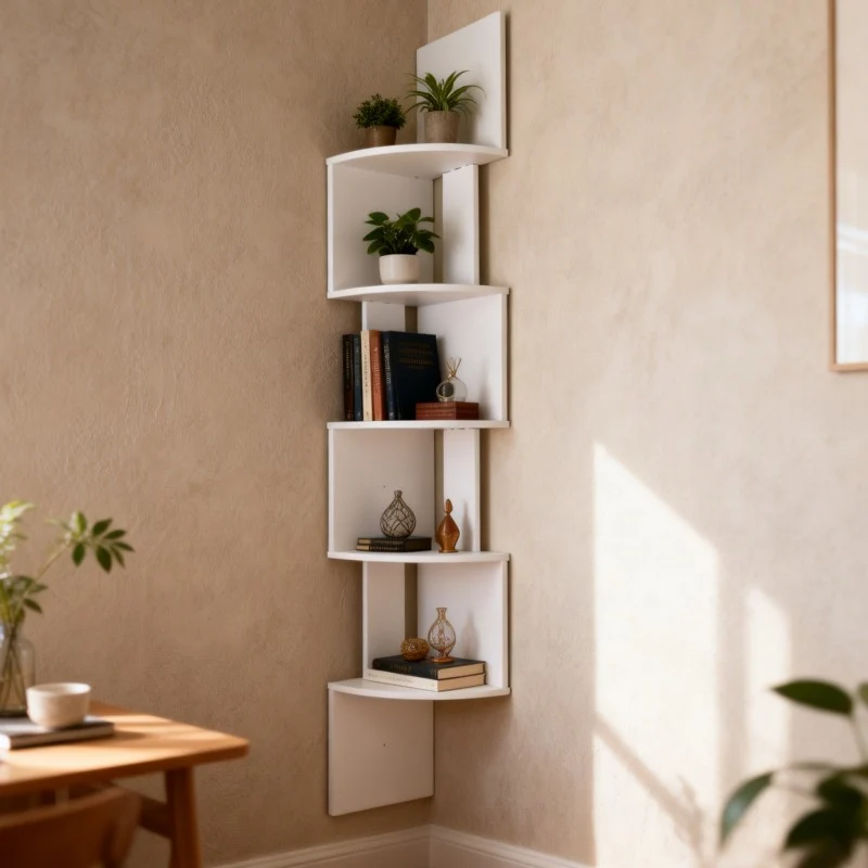 Five-tier white or black wall-mounted corner storage shelf for small spaces