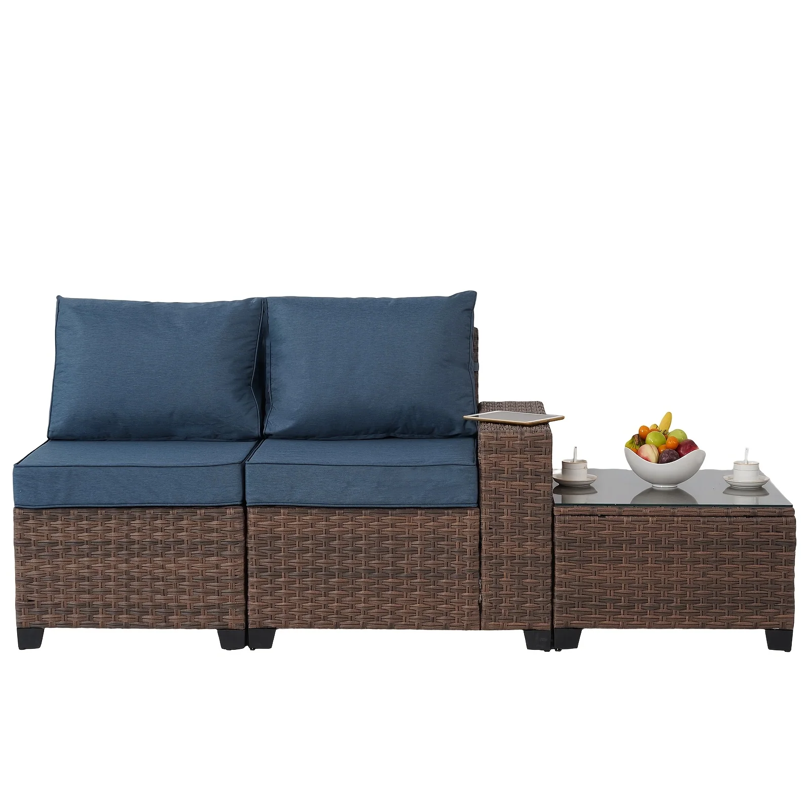 Raised patio furniture set with wicker sectional sofa and coffee table