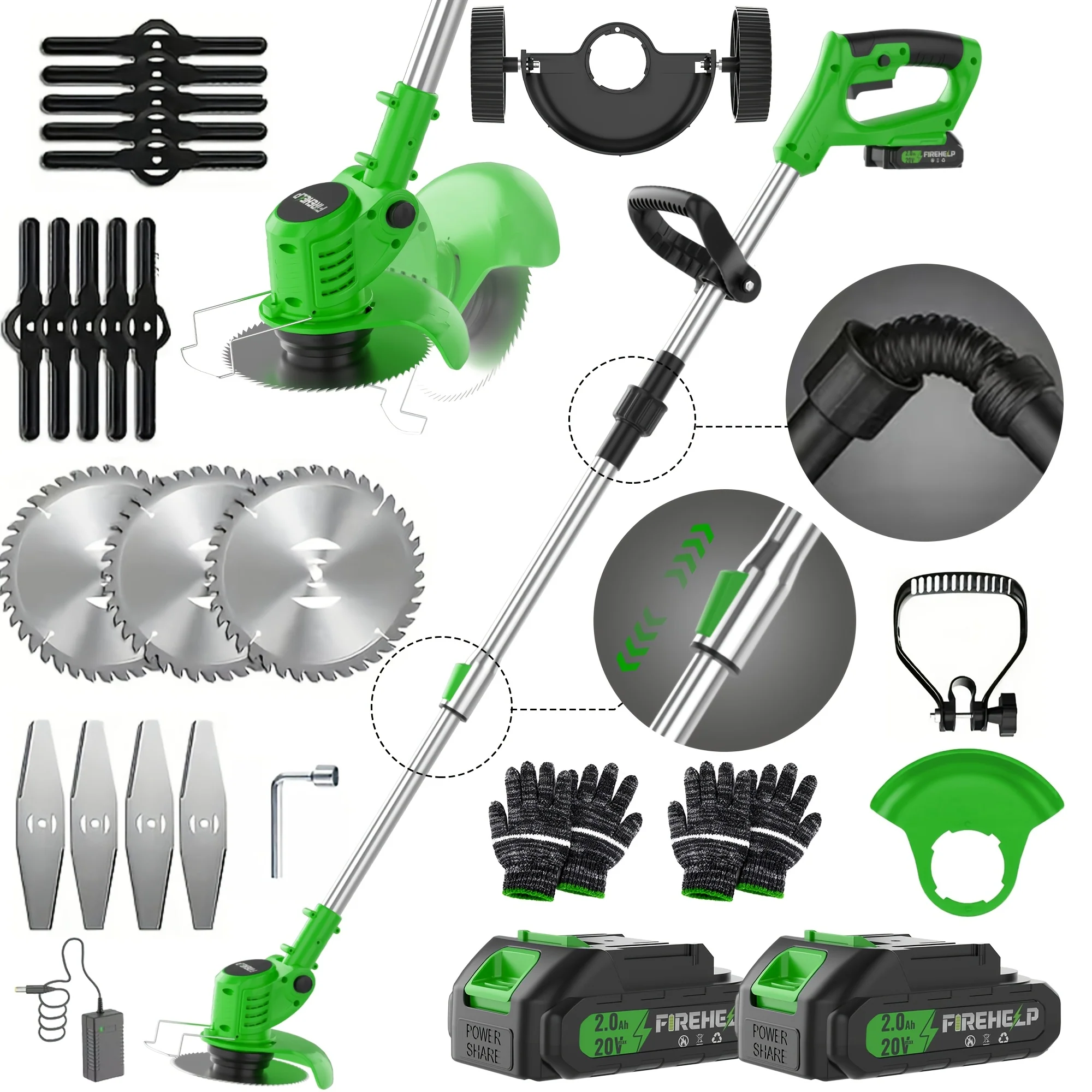 Cordless lawn mower with weeder and trimmer function plus two batteries
