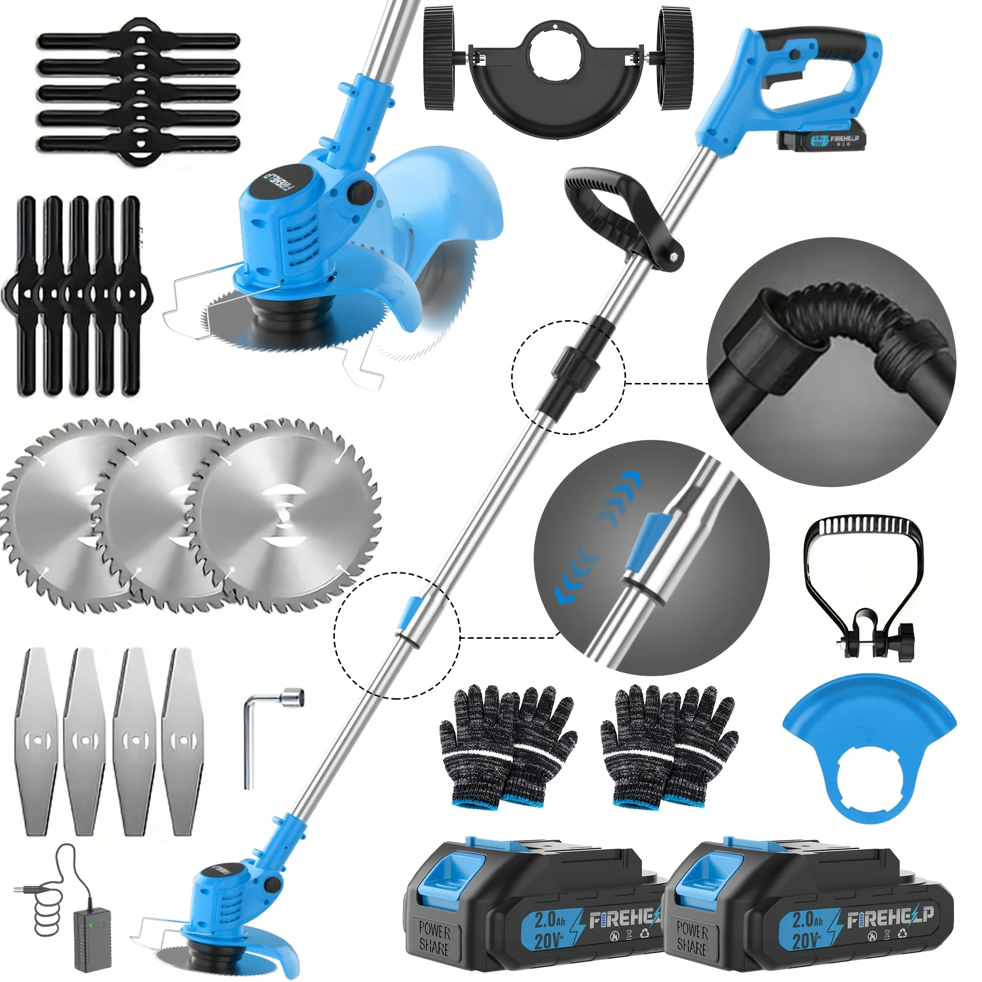 Cordless lawn mower with weeder and trimmer function plus two batteries