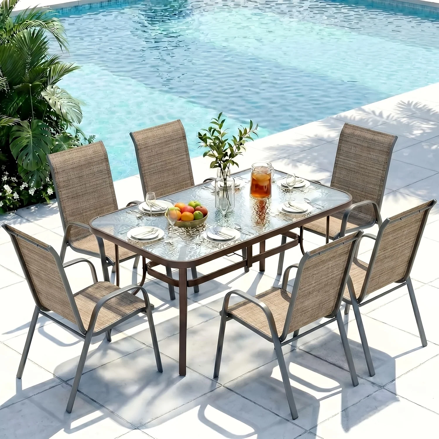 6-piece all-weather outdoor dining set with stackable chairs and umbrella hole