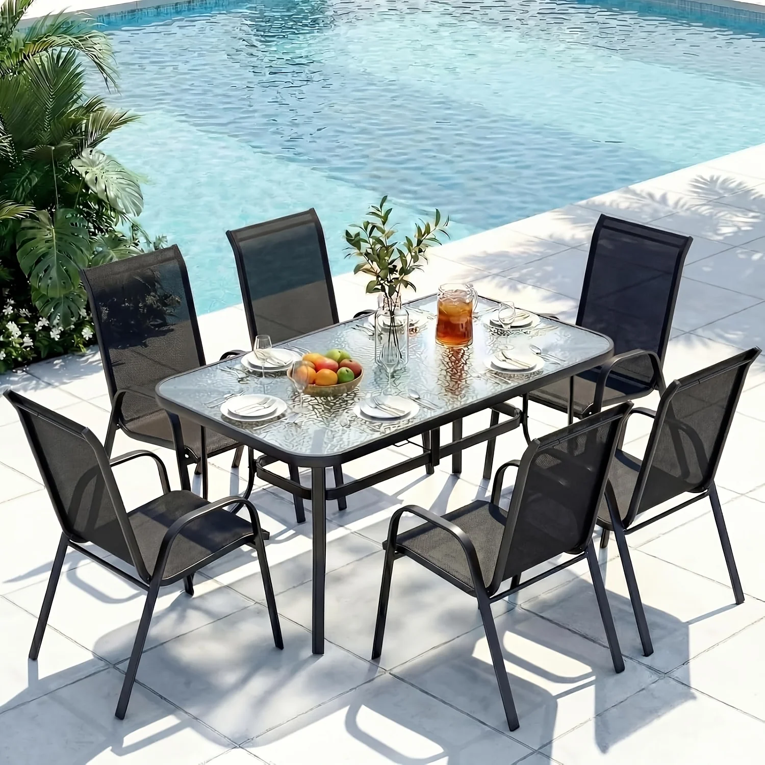 6-piece all-weather outdoor dining set with stackable chairs and umbrella hole