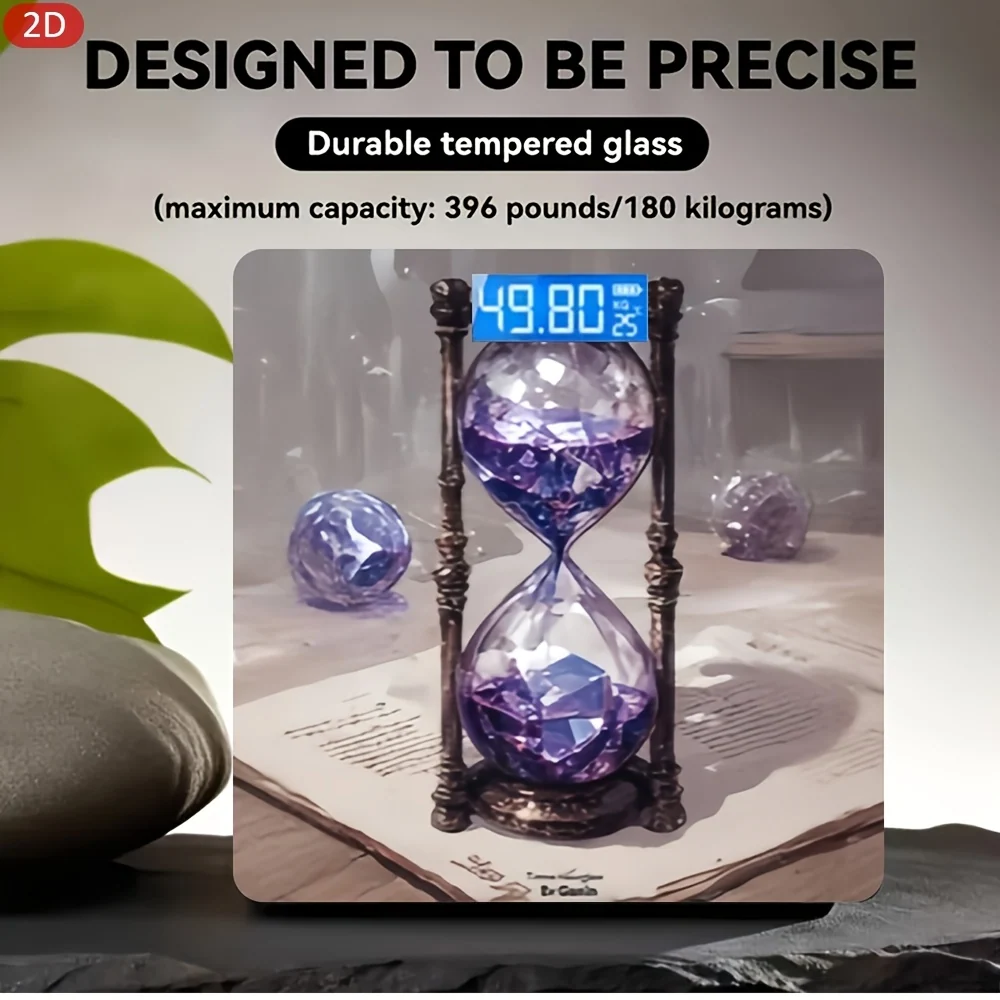 Intelligent Electronic Scale – 2D Flat Design, Clear LED Display, Glass Hourglass with Purple Crystal and Bronze Frame, Indoor Temperature Display, 10.23 × 10.23 cm