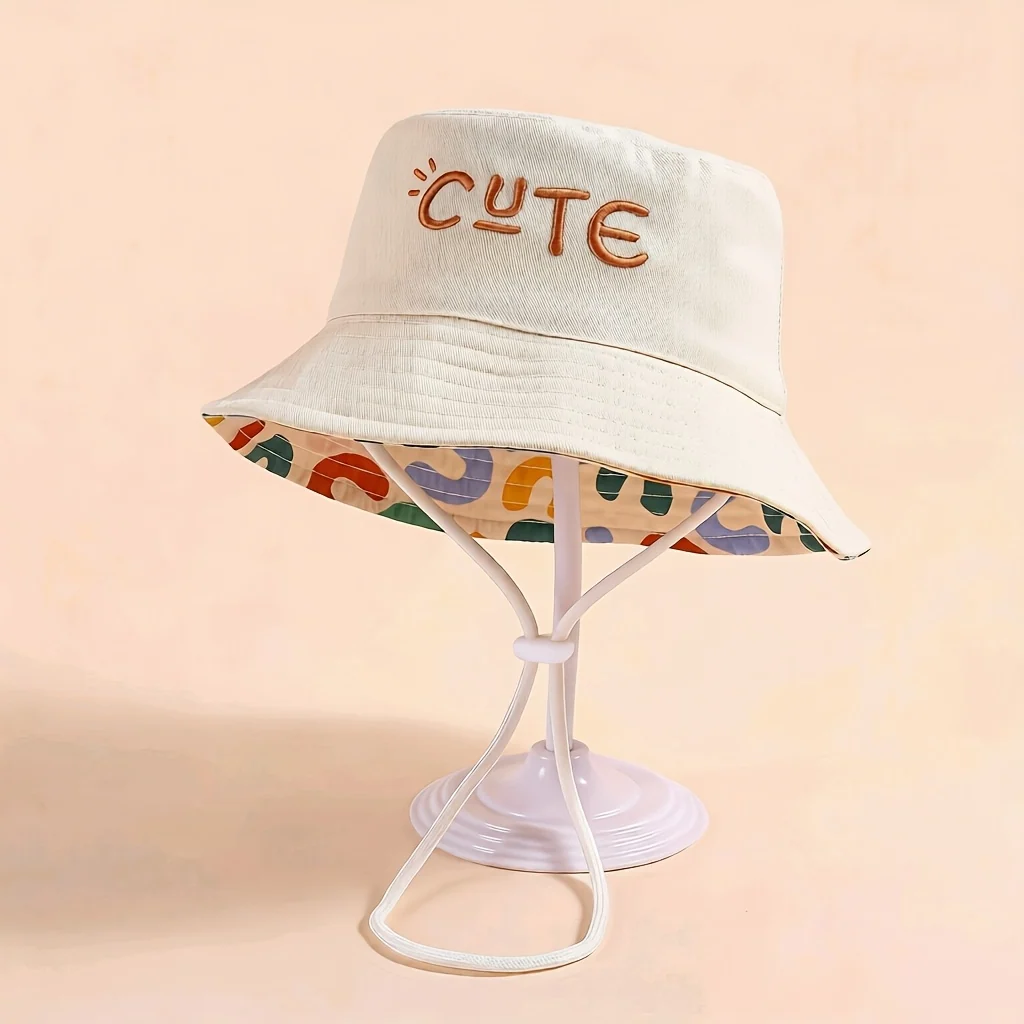 Embroidered fisherman hat with drawstring for kids