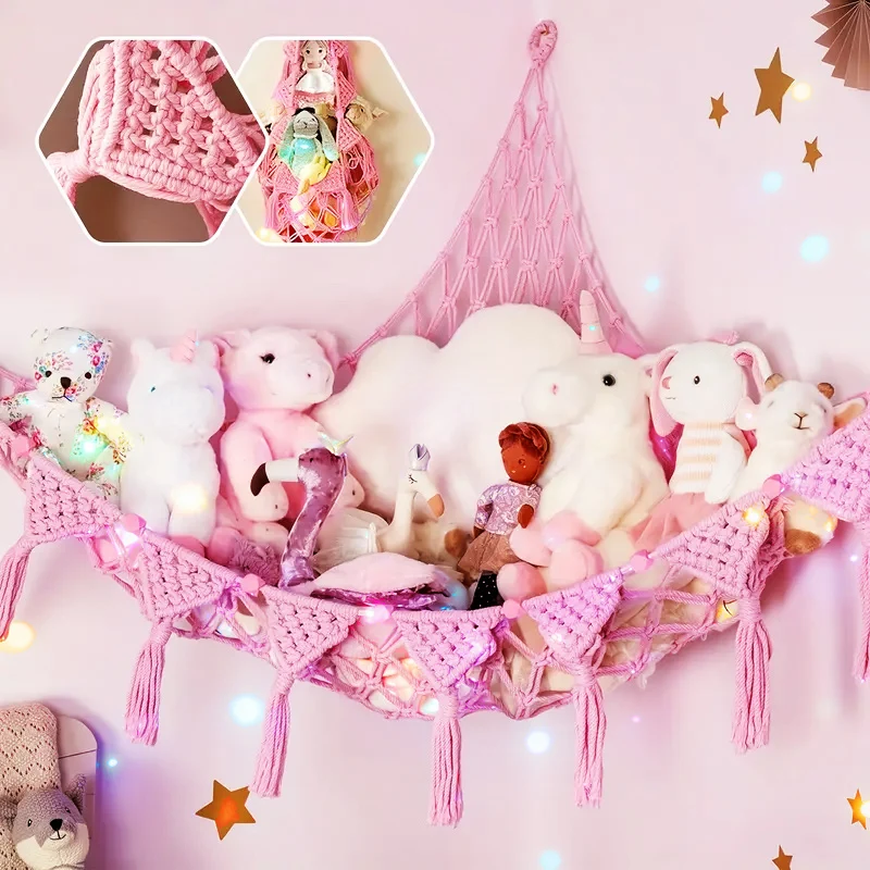 Four-color illuminated storage net for plush toys and soft décor