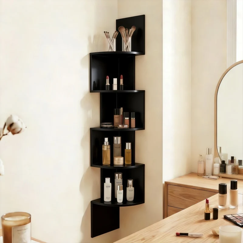 5-tier vintage style corner wall shelf in black and white