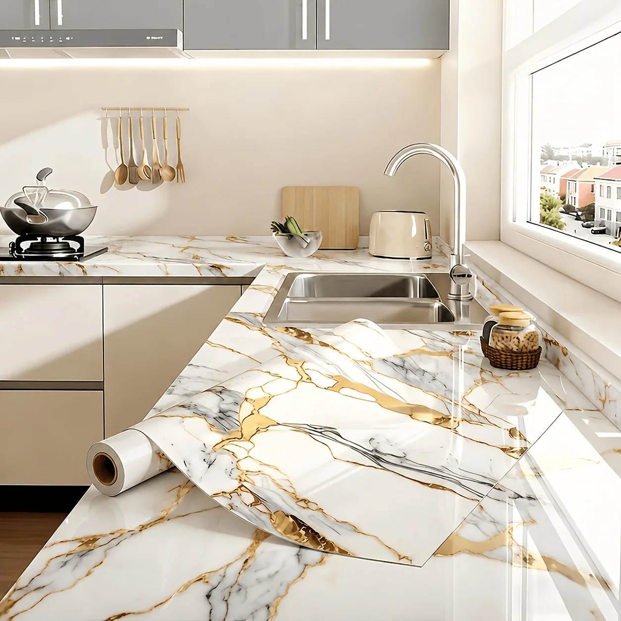 Self-adhesive imitation marble wall stickers for quick room refresh