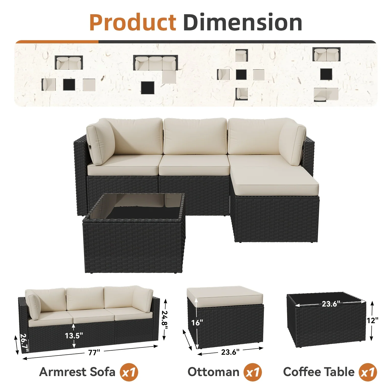 5-piece outdoor rattan sectional set with ottoman and cushions
