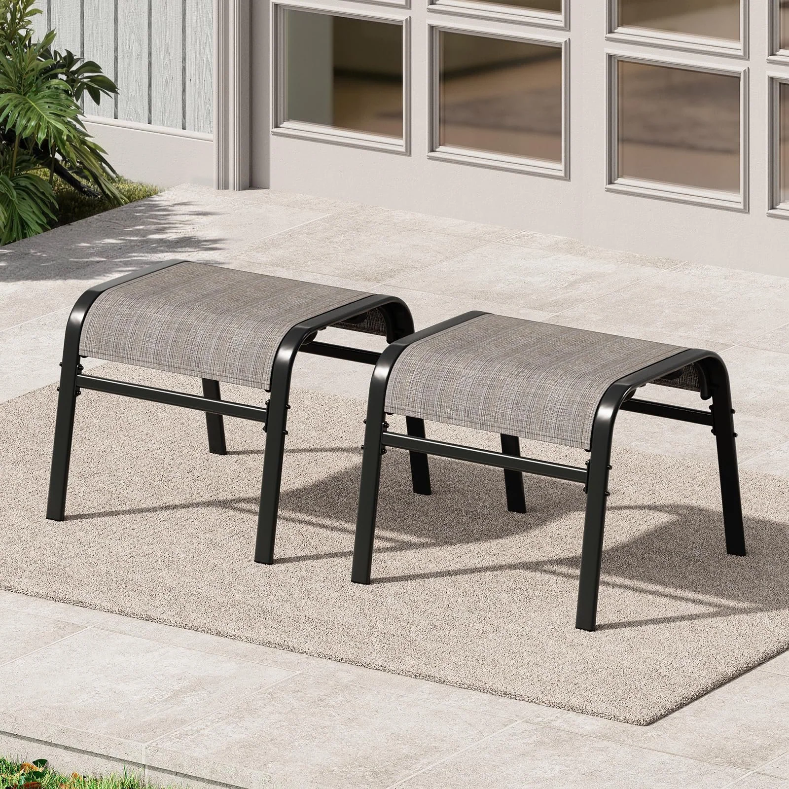 Stackable outdoor ottomans with metal frame, set of 2