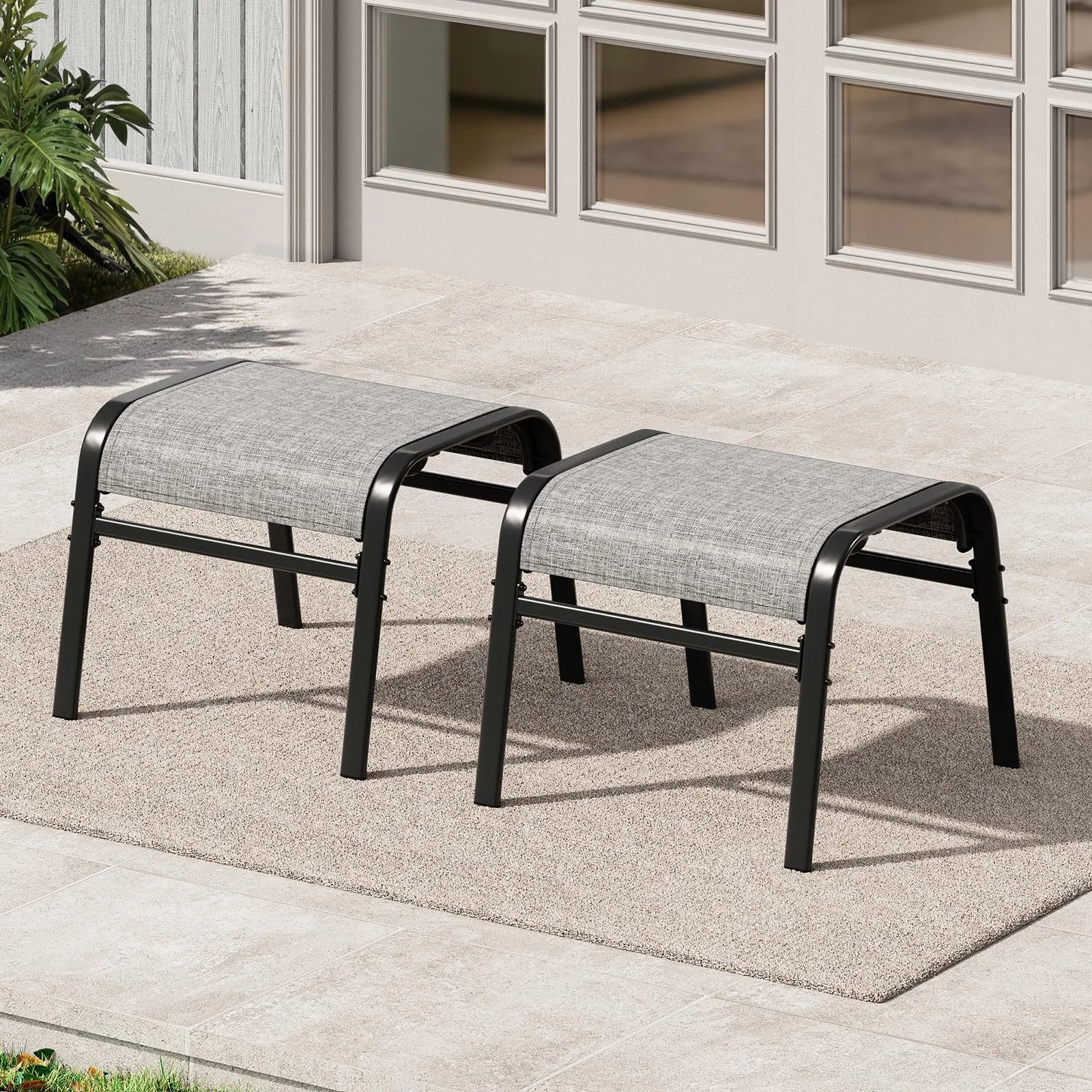 Stackable outdoor ottomans with metal frame, set of 2
