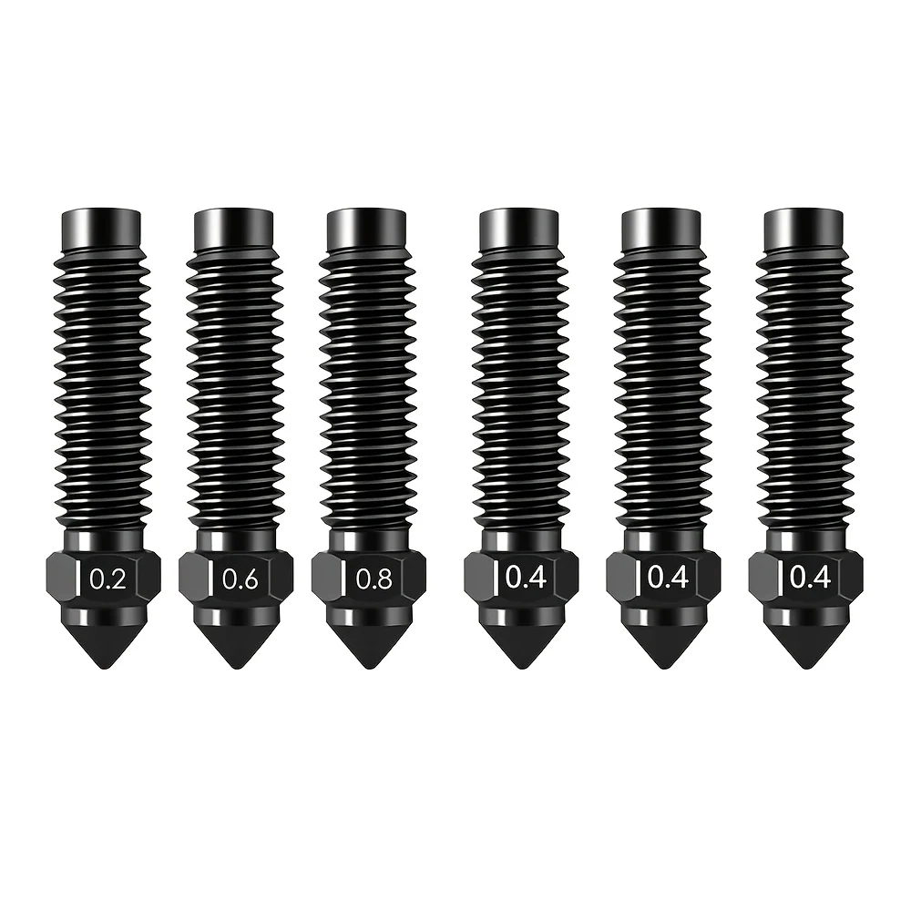 6‑Piece Hardened Steel Nozzle Kit (0.2 mm, 0.4 mm, 0.6 mm, 0.8 mm) for High‑Temperature 3D Printers