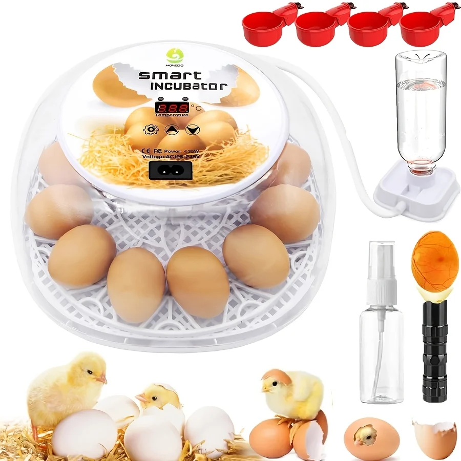12-egg incubator with automatic egg turner and LED candler