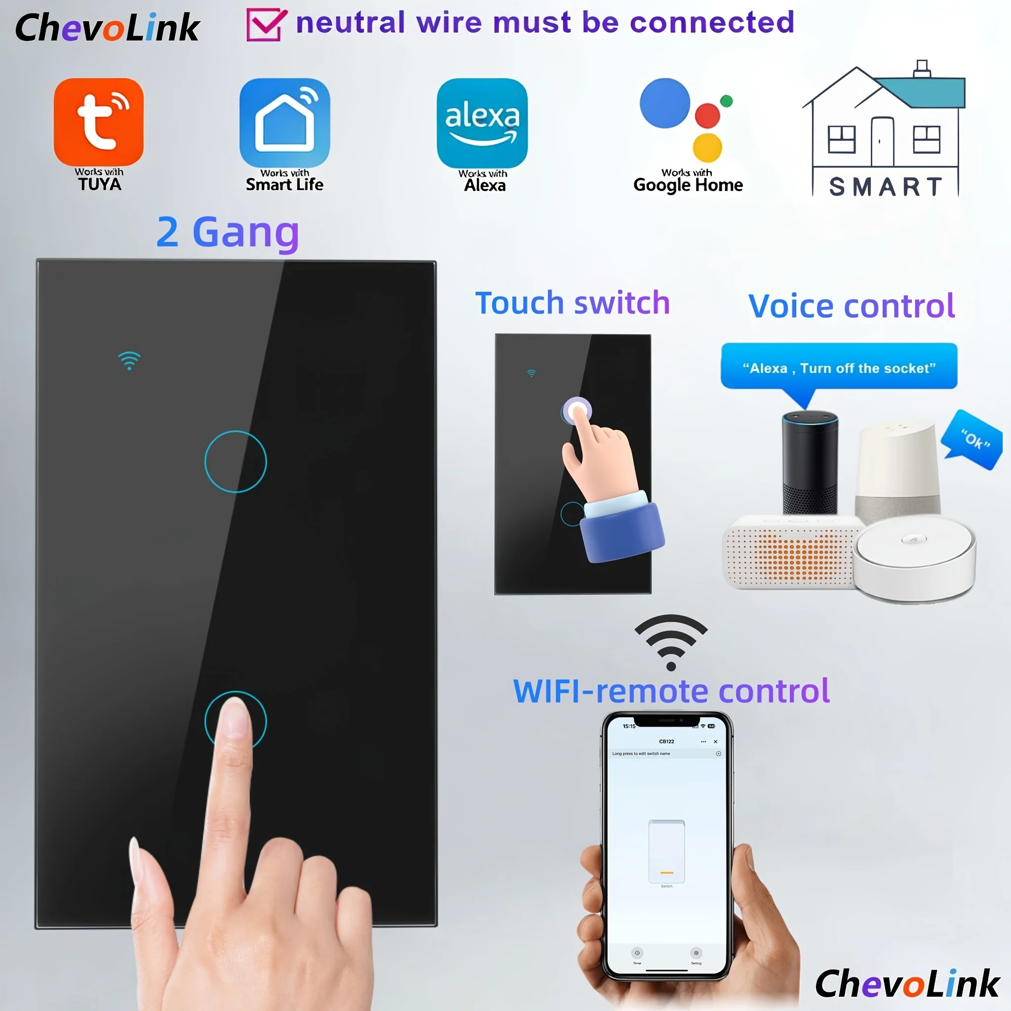 Black Smart Light Switches with Tempered Glass Panel, US Standard, Neutral Wire Required