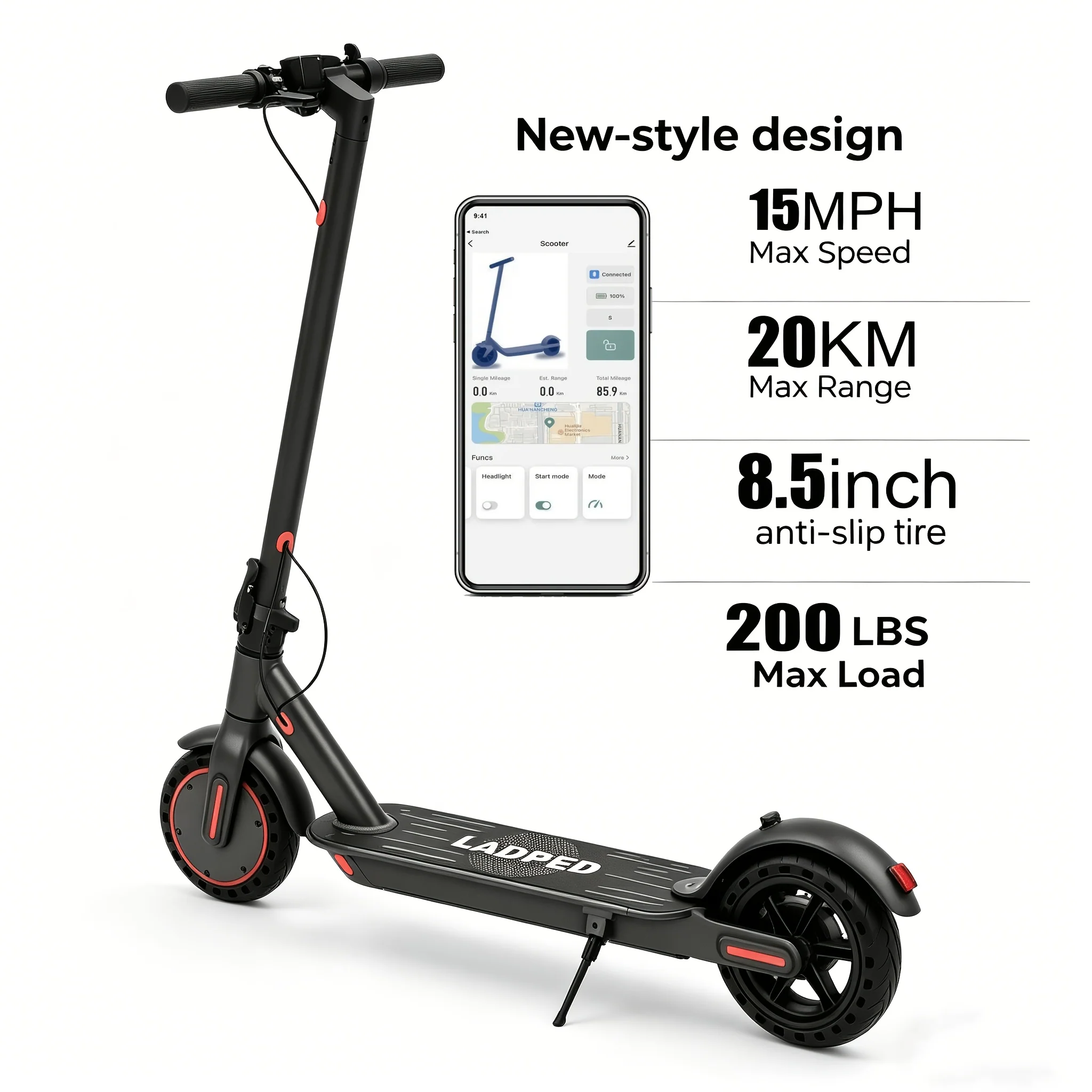 Smart App Controlled Foldable Adult E‑Scooter, 350W Motor, Long Range, 8.5" Anti‑Slip Solid Tires, LCD Dashboard, 3 Speed Settings, Dual Brakes, LED Front & Rear Lights, Aluminum Alloy Frame, 265 lb Weight Capacity