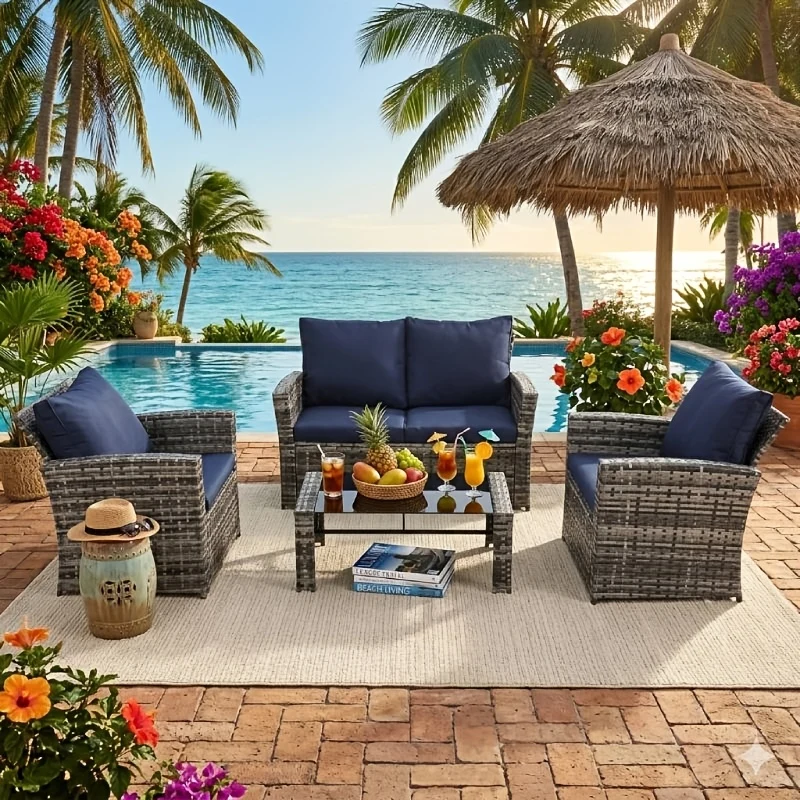 4-piece all-weather wicker sectional with glass table and multi-use ottomans