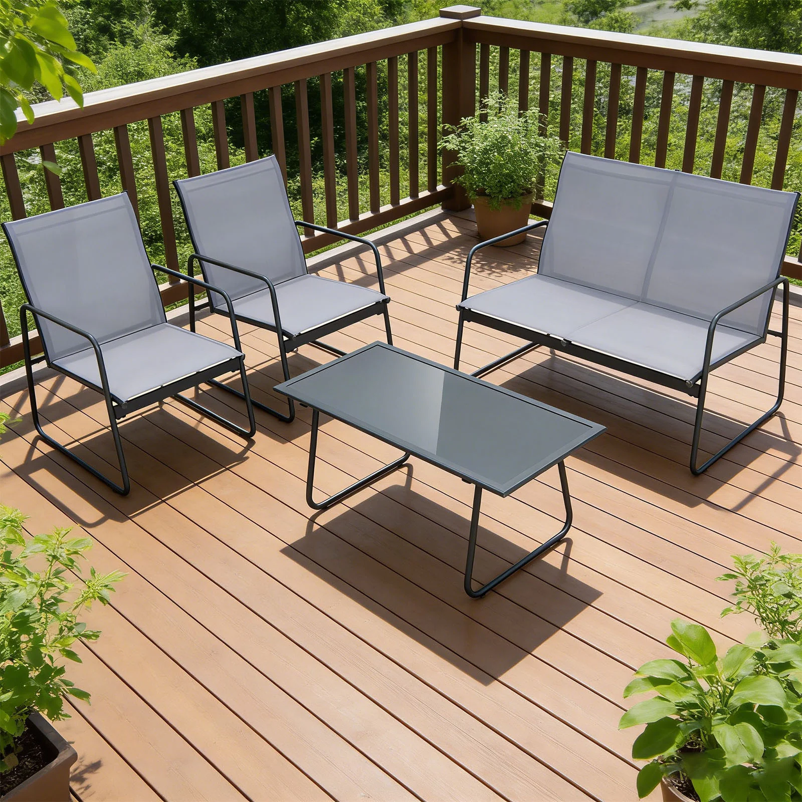 4-piece outdoor patio conversation set with tempered glass table and metal frame