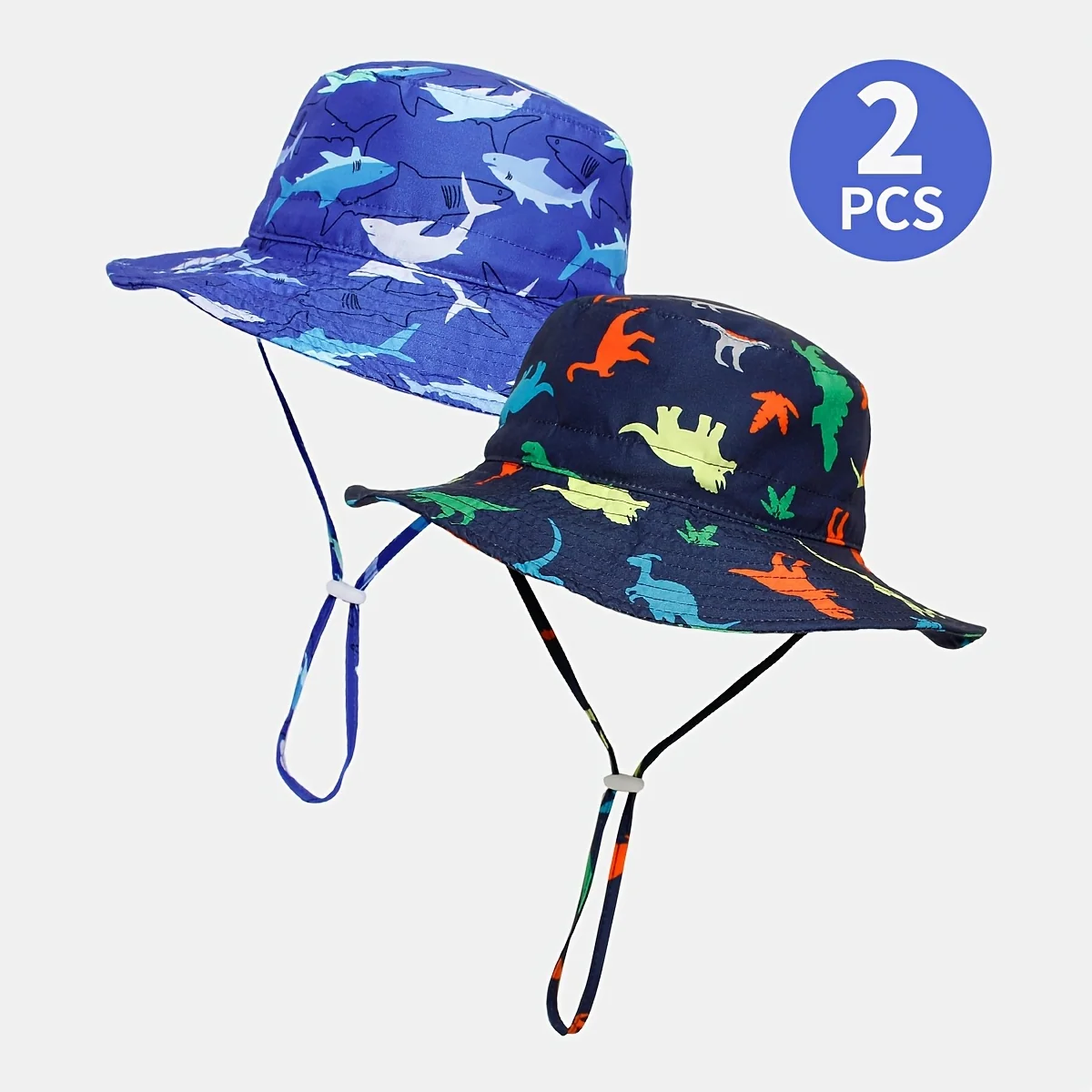 Kids' 2-pack cartoon fisherman hats with shark and dinosaur prints