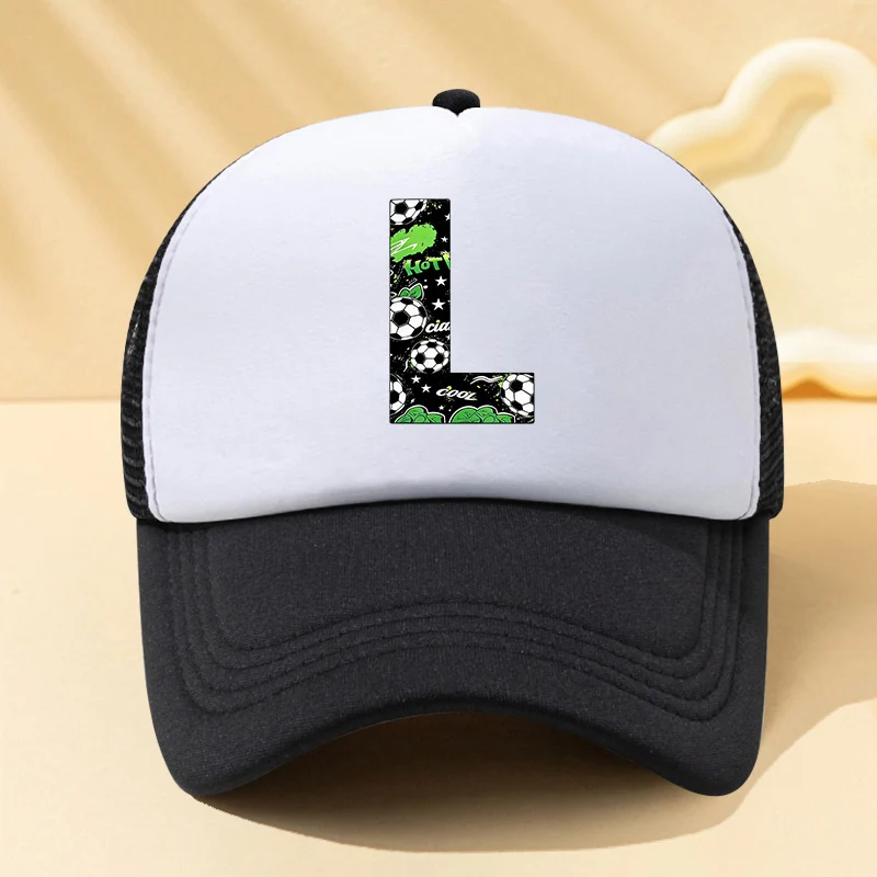 Football letter mesh trucker cap for kids with adjustable fit and initial customization