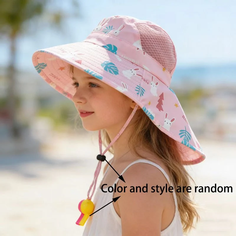 Kids' summer sun hat with wide brim and adjustable wind rope