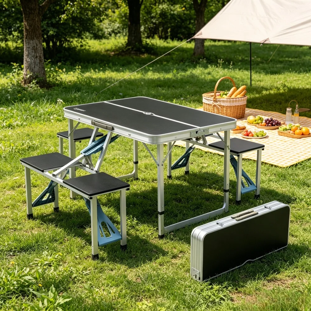 4ft folding picnic table set with 4 chairs for outdoor dining and travel