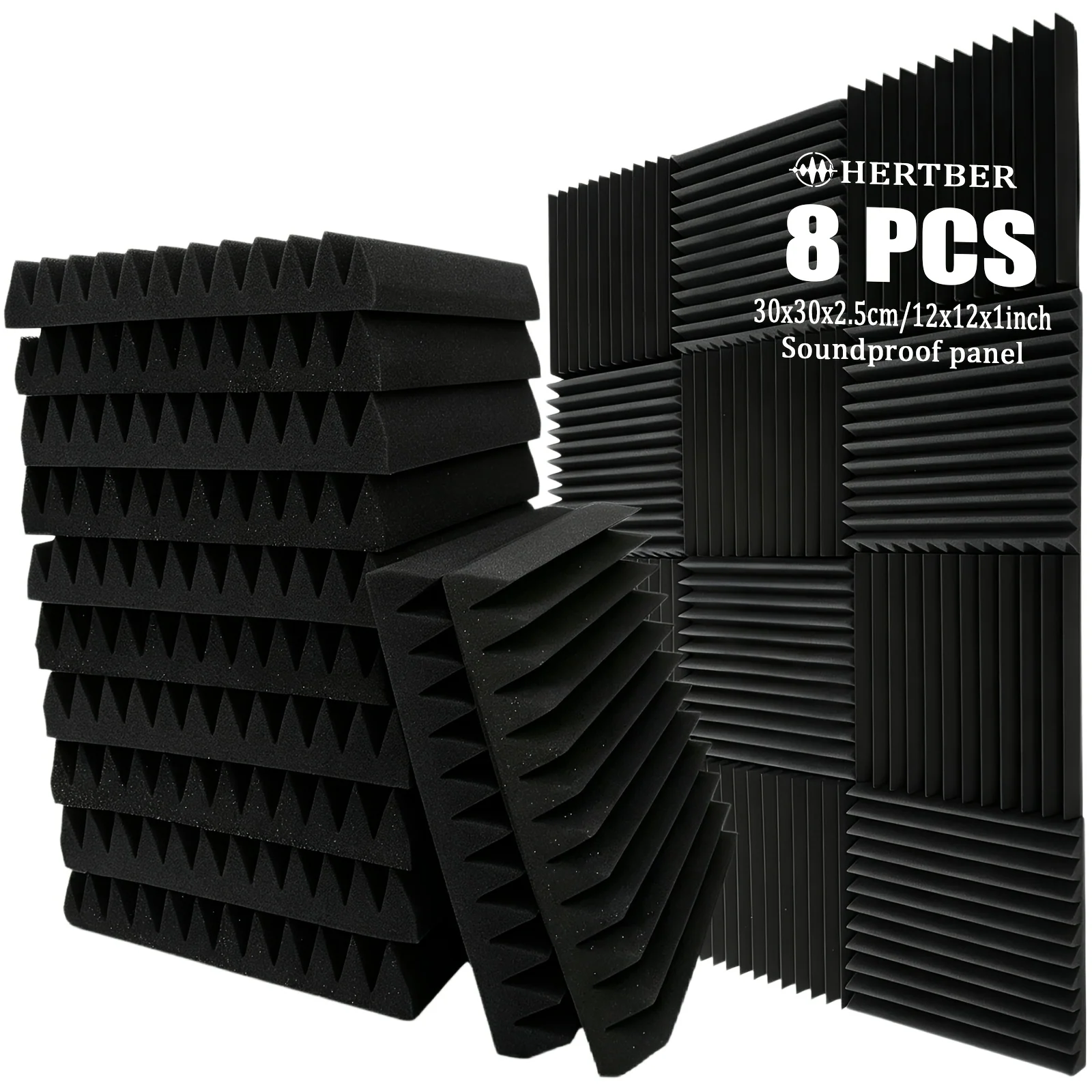 8 pcs Black High-Density Wedge-Shaped Acoustic Foam Panels – 11.81 x 11.81 x 0.98 in, 66.14 lb/ft³