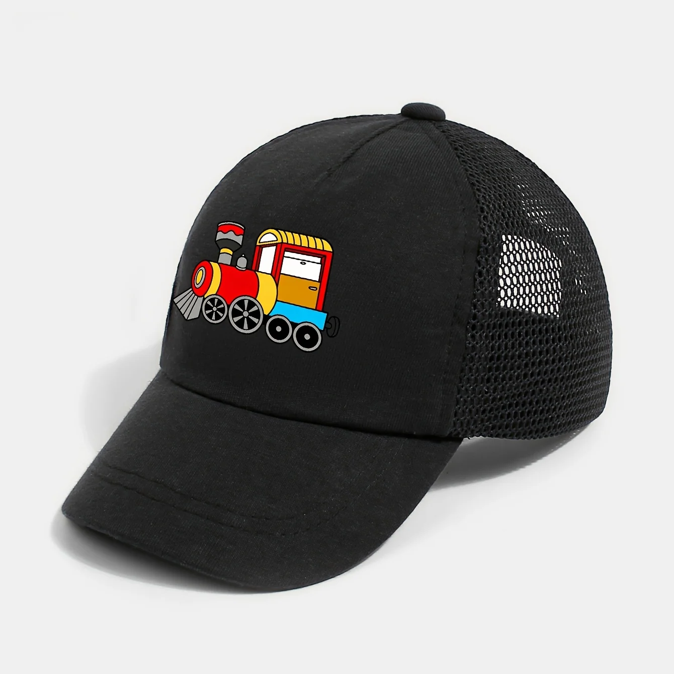 Breathable mesh baseball cap with train graphic design