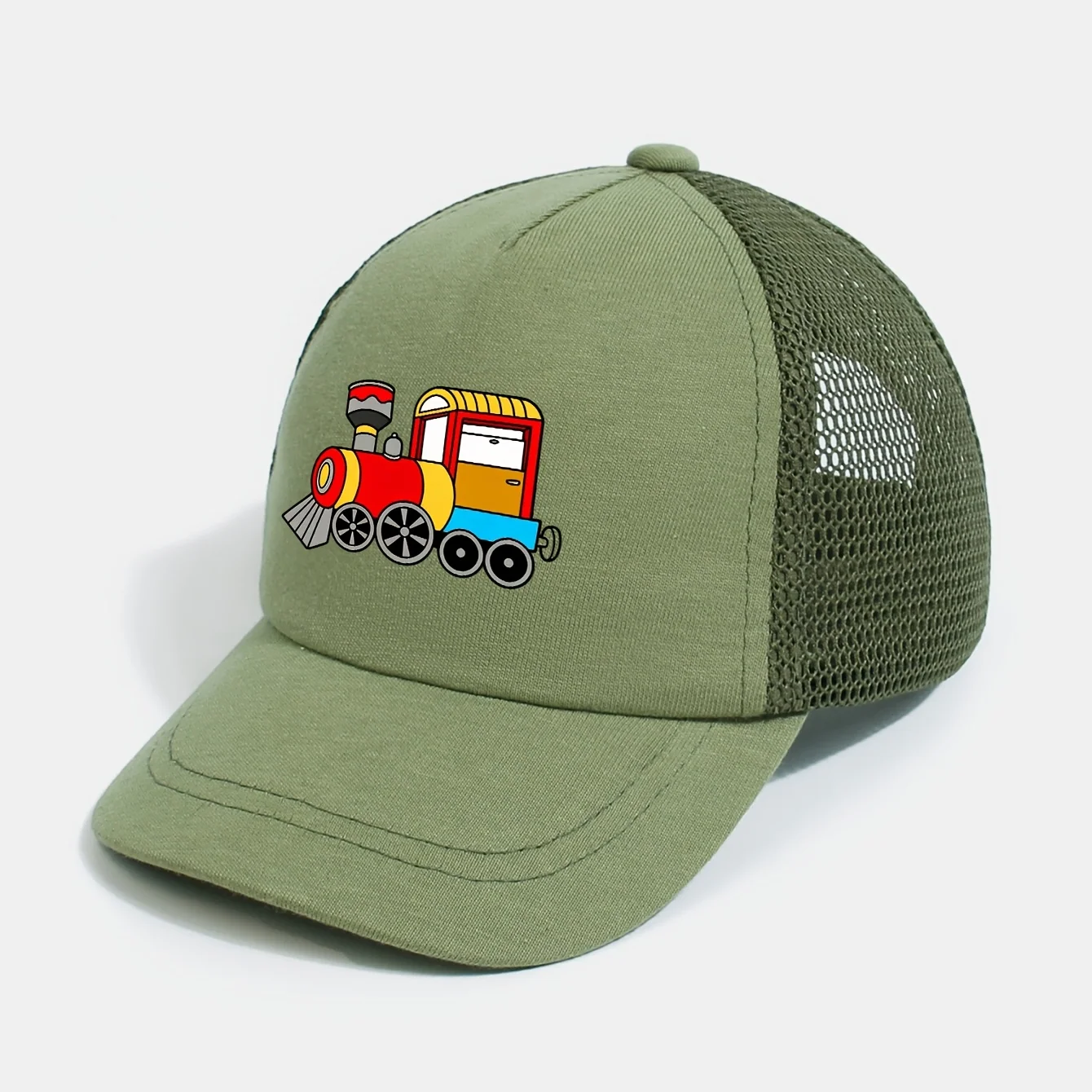 Breathable mesh baseball cap with train graphic design