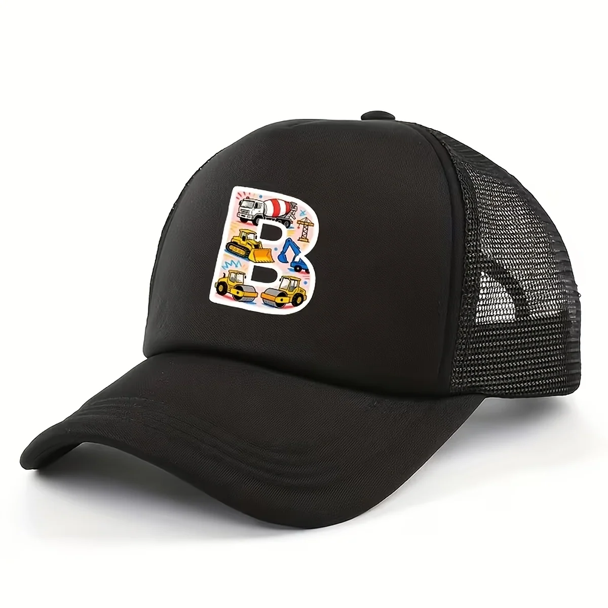 Adjustable kids trucker hat with construction vehicle print design