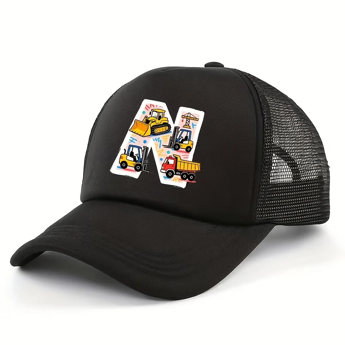 Adjustable kids trucker hat with construction vehicle print design