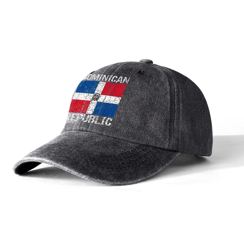 Black baseball cap with distressed Dominican Republic flag print