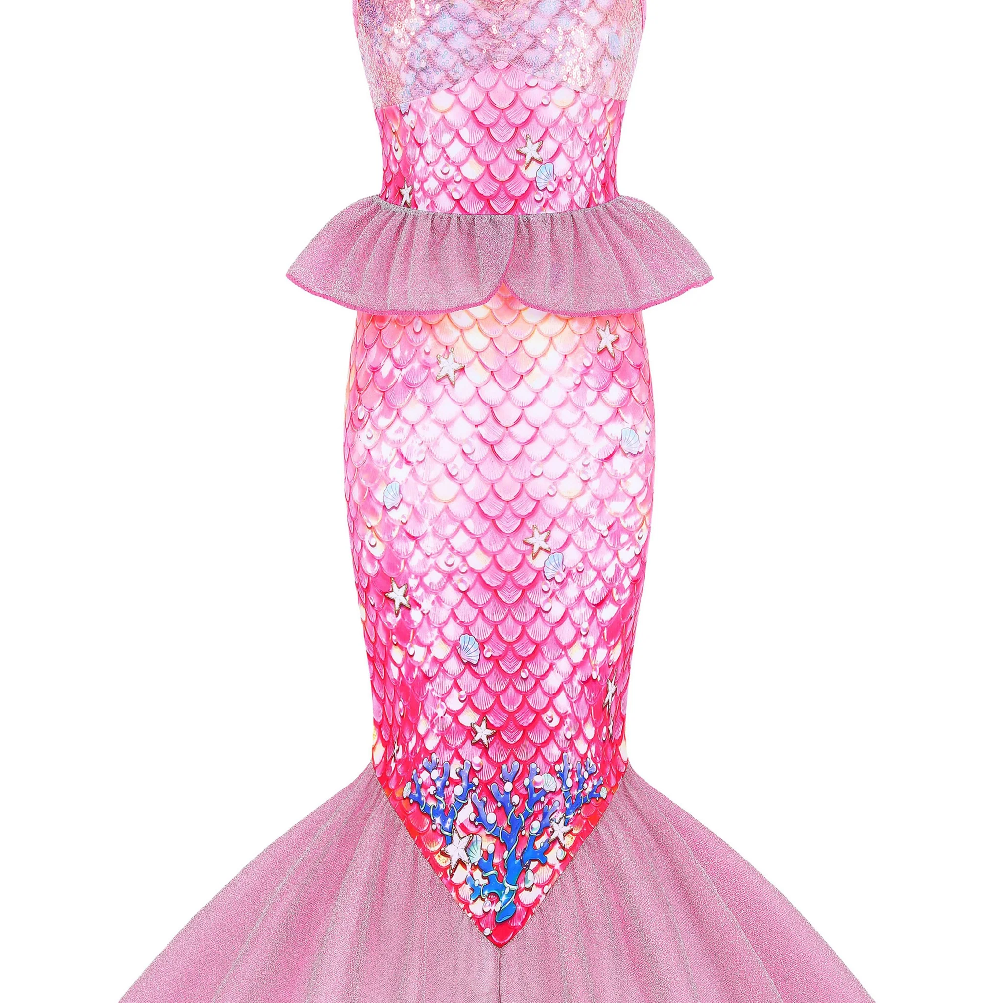 Girls Mermaid Dress with 3D Tail and Ruffled Skirt
