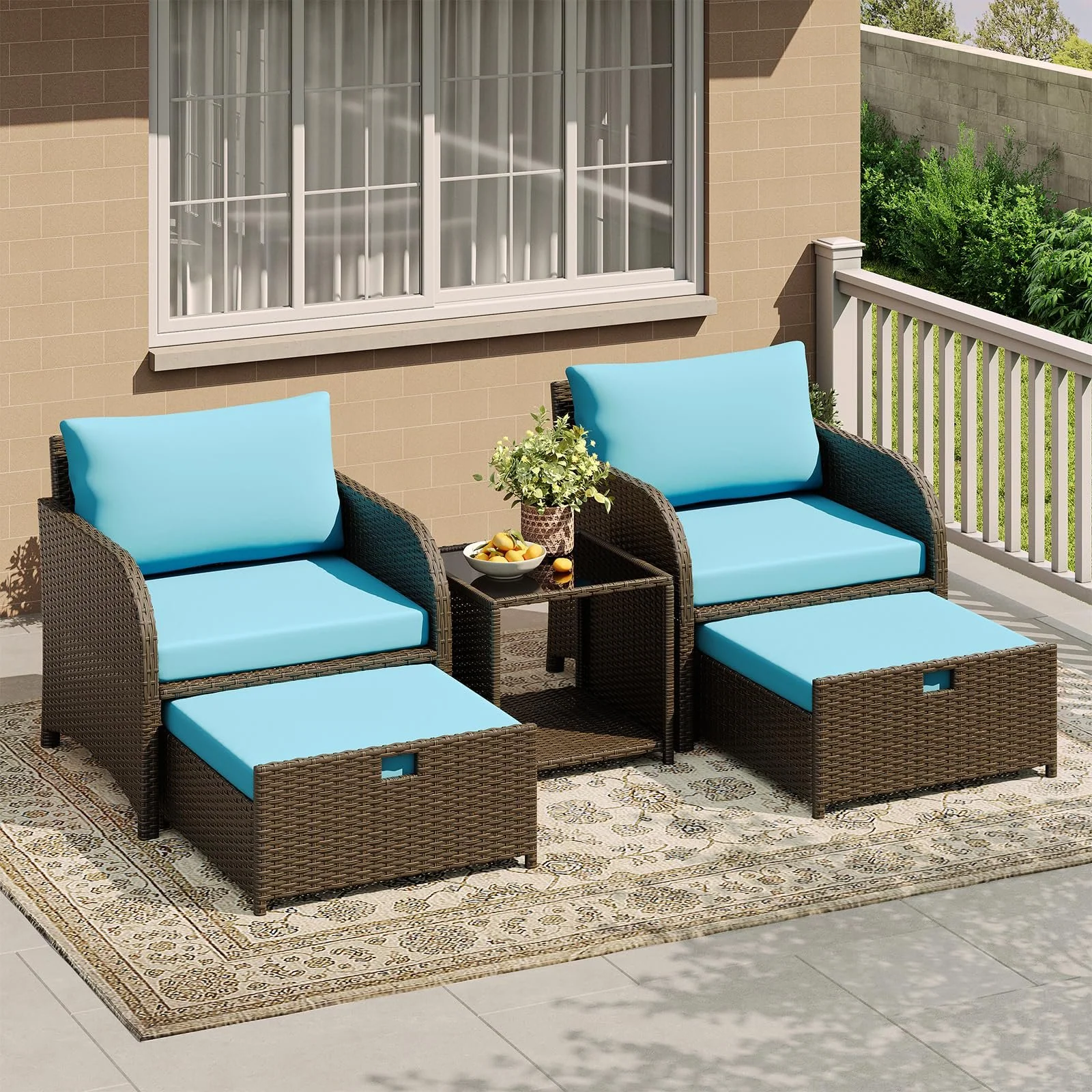 5-piece all-weather rattan patio sofa set with glass coffee table