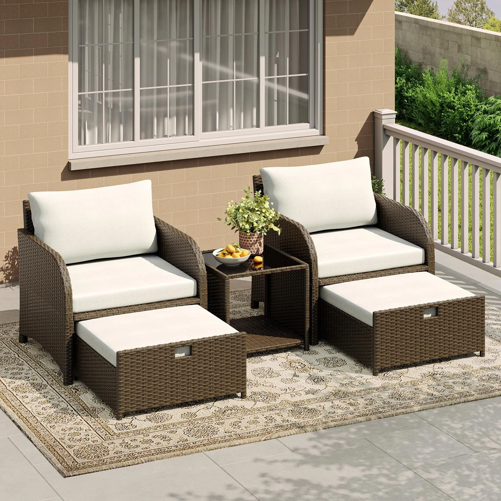 5-piece all-weather rattan patio sofa set with glass coffee table