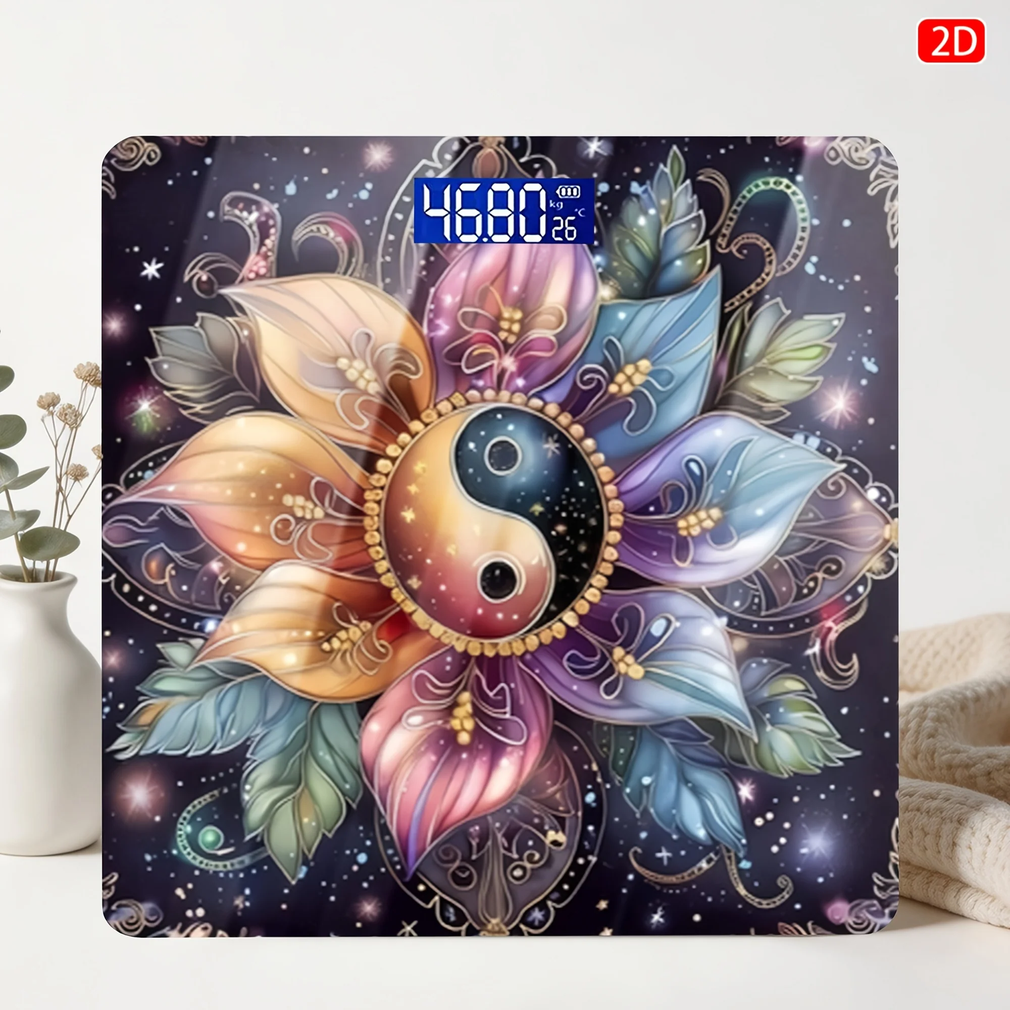 Flat Weight Scale for People with Yin‑Yang Floral Cosmic Design, Max 400 lb / 180 kg, LB & KG Units