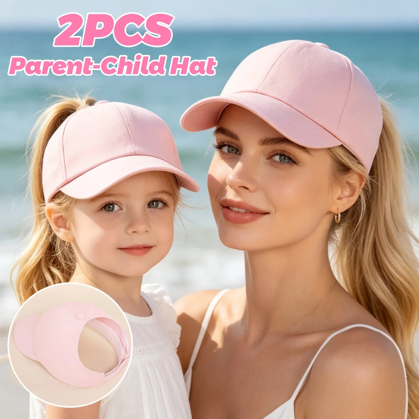 Matching solid color ponytail baseball caps set for parent and child