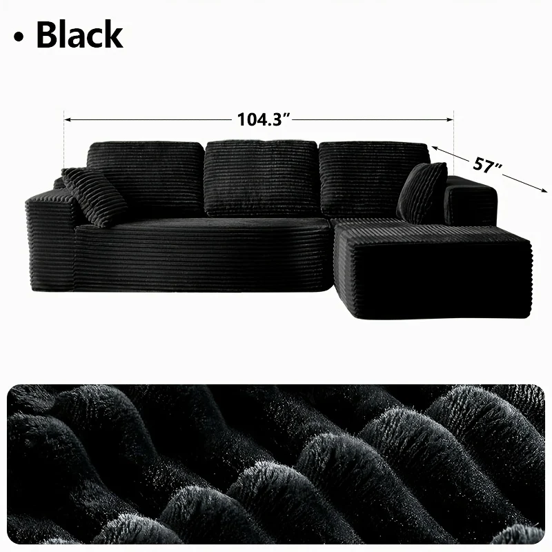 Modular L‑Shape Sectional Sofa with Chaise – Corduroy Fabric, 65" Reclining Chaise, No Assembly Required