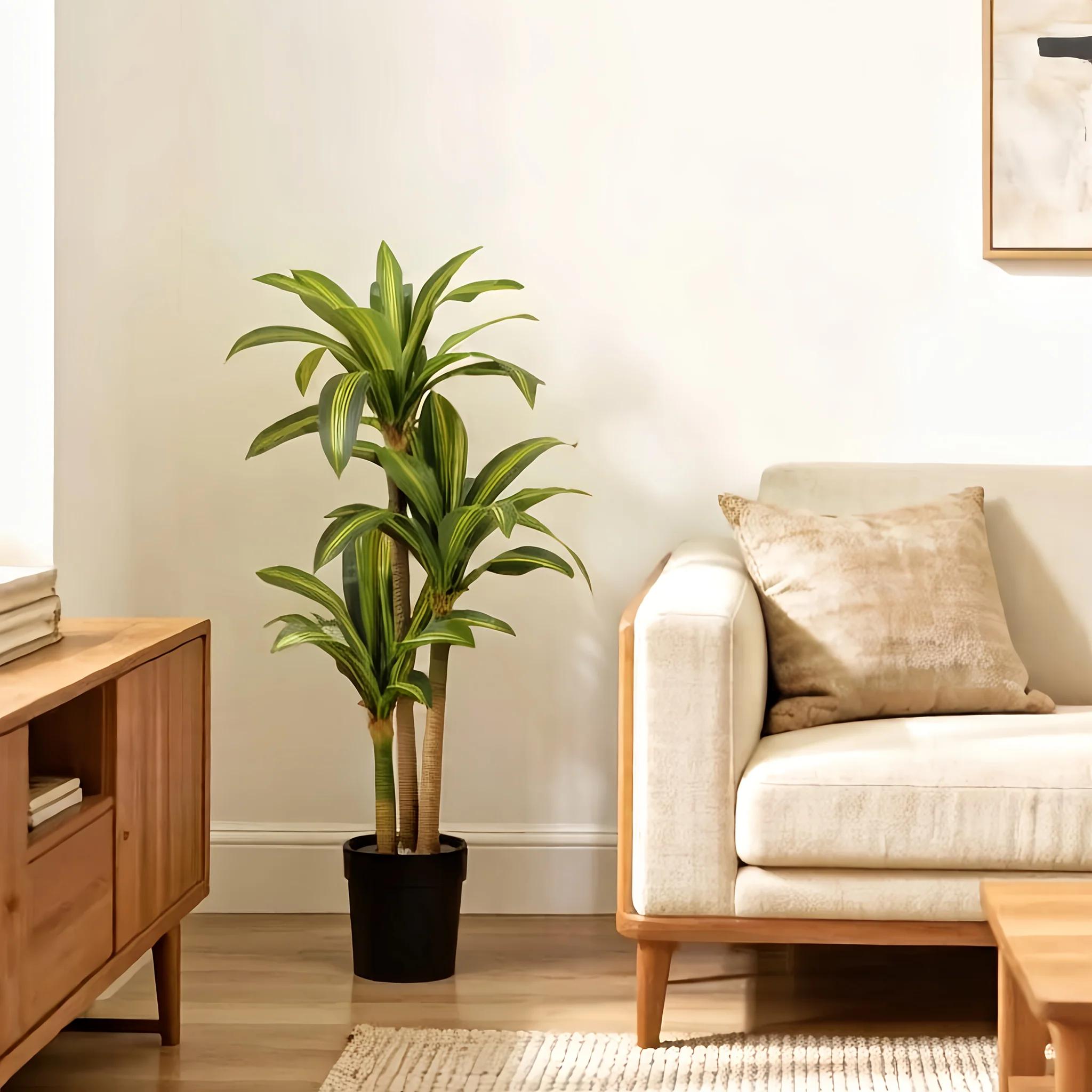 Artificial dracaena tree in white planter, 3-stalk design
