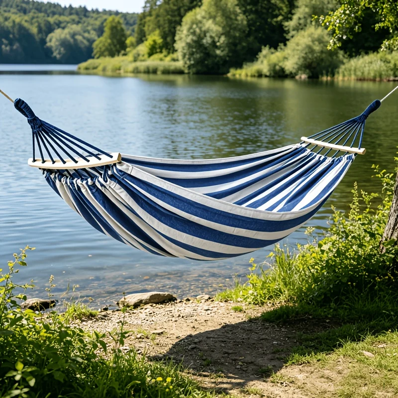 Striped outdoor hammock for backyard and vacation use