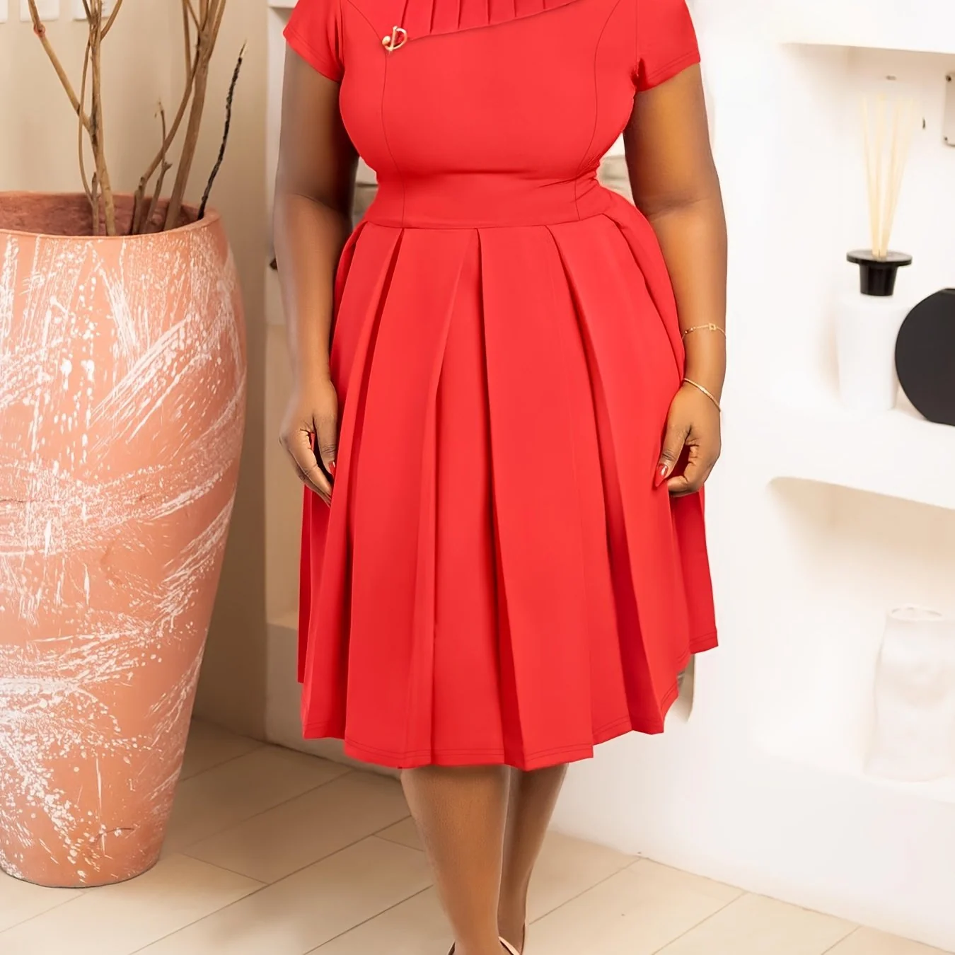 Women's Mid-Length Dress with Boat Neck, Short Sleeves, Cinched Waist and Pleated A-Line Skirt