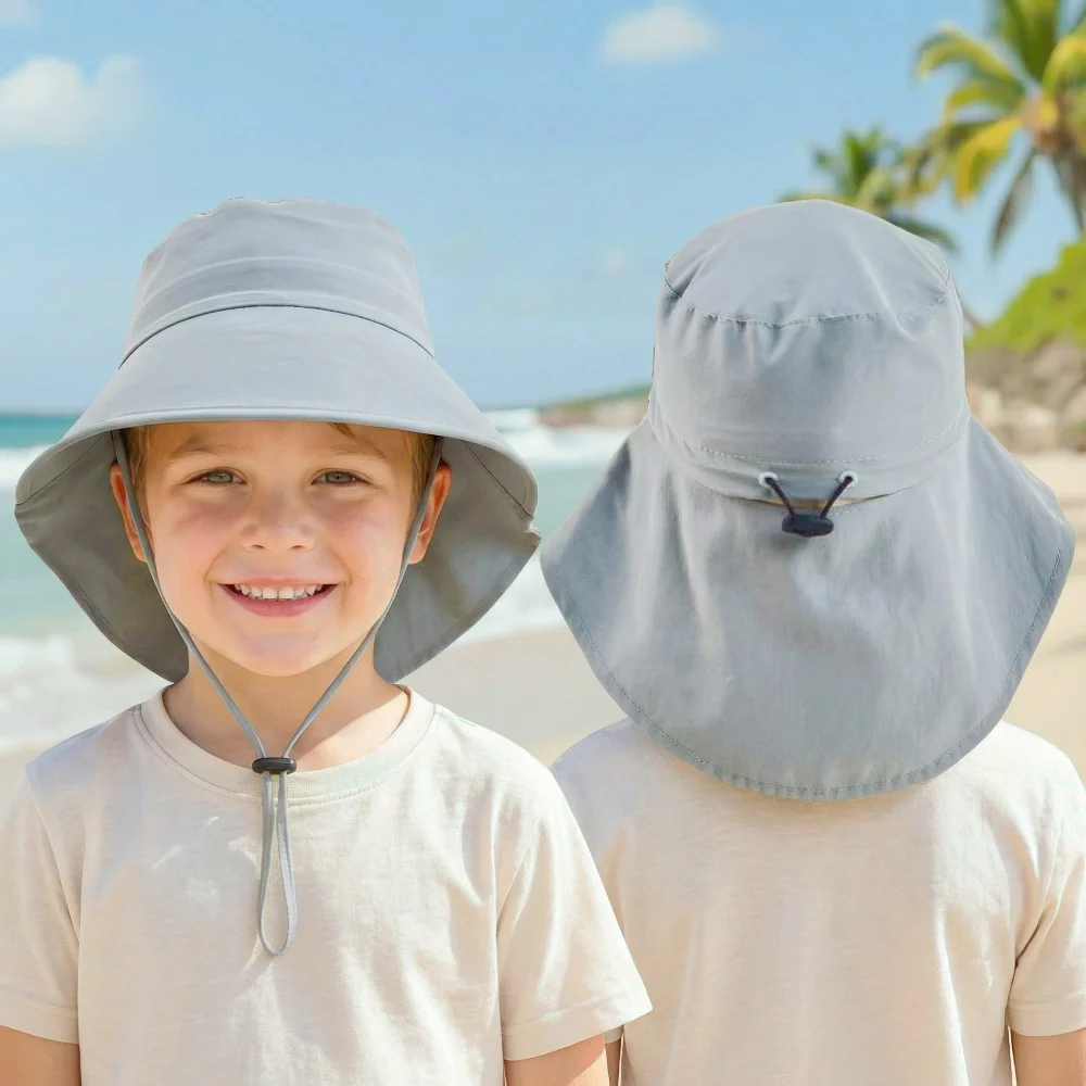 Children's adjustable nylon sun hat with windproof brim and ponytail hole