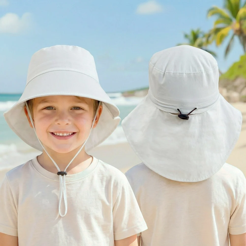Children's adjustable nylon sun hat with windproof brim and ponytail hole