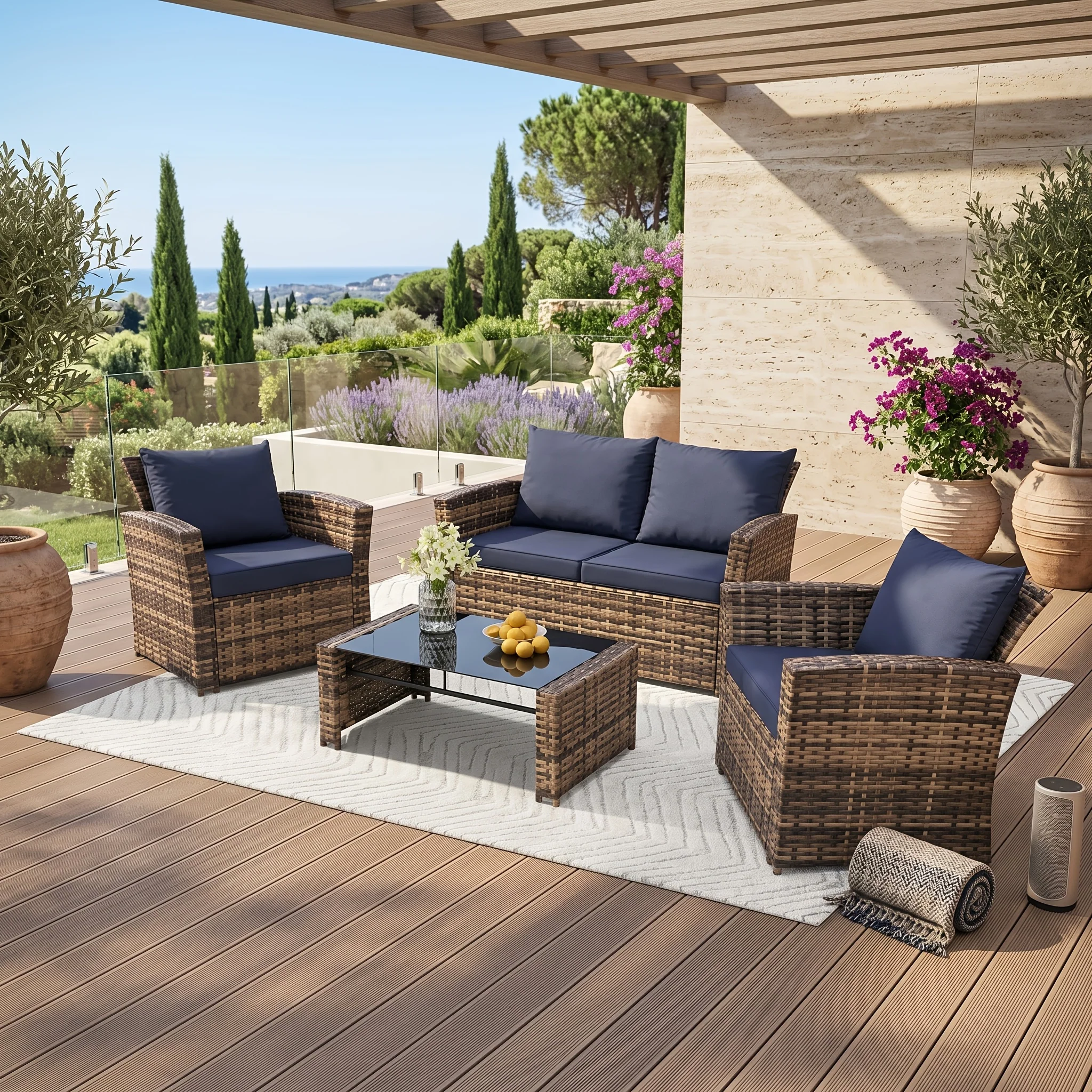 4-piece deep-seating outdoor wicker patio furniture set with sectional sofa, loveseat, and coffee table